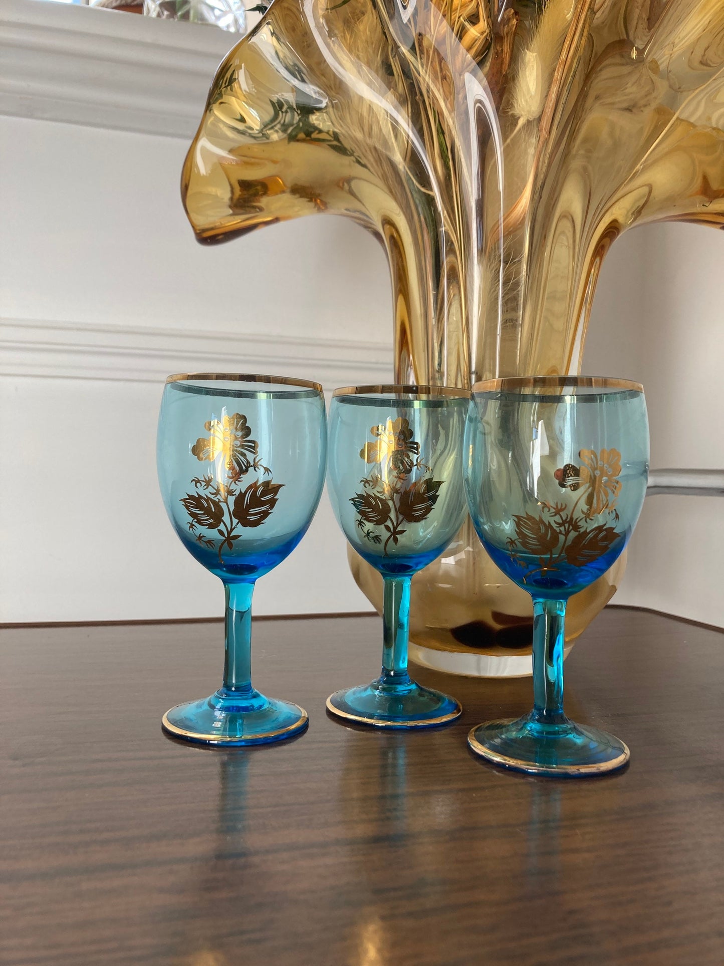 Vintage Blue glasses, Gilt Mid Century glasses, Czech Sherry Aperitif Wine Glass