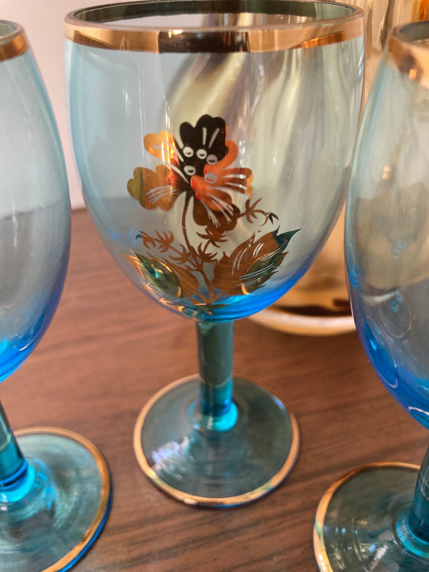 Vintage Blue glasses, Gilt Mid Century glasses, Czech Sherry Aperitif Wine Glass