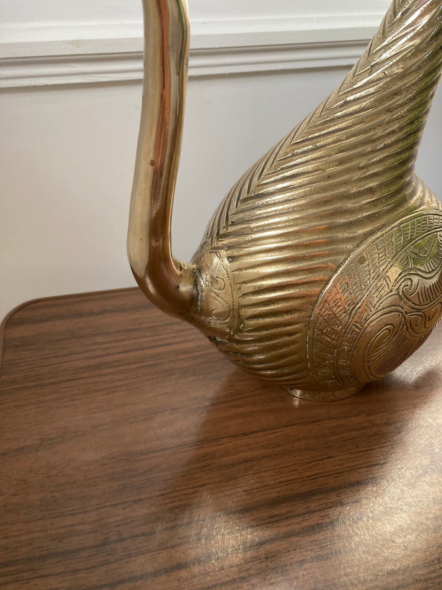 Mythic Goose, Solid Brass Goose, Mid Century Ewer in the Shape of a Mythic Goose, Makara with Floral Motifs Decorative Decanter Jug