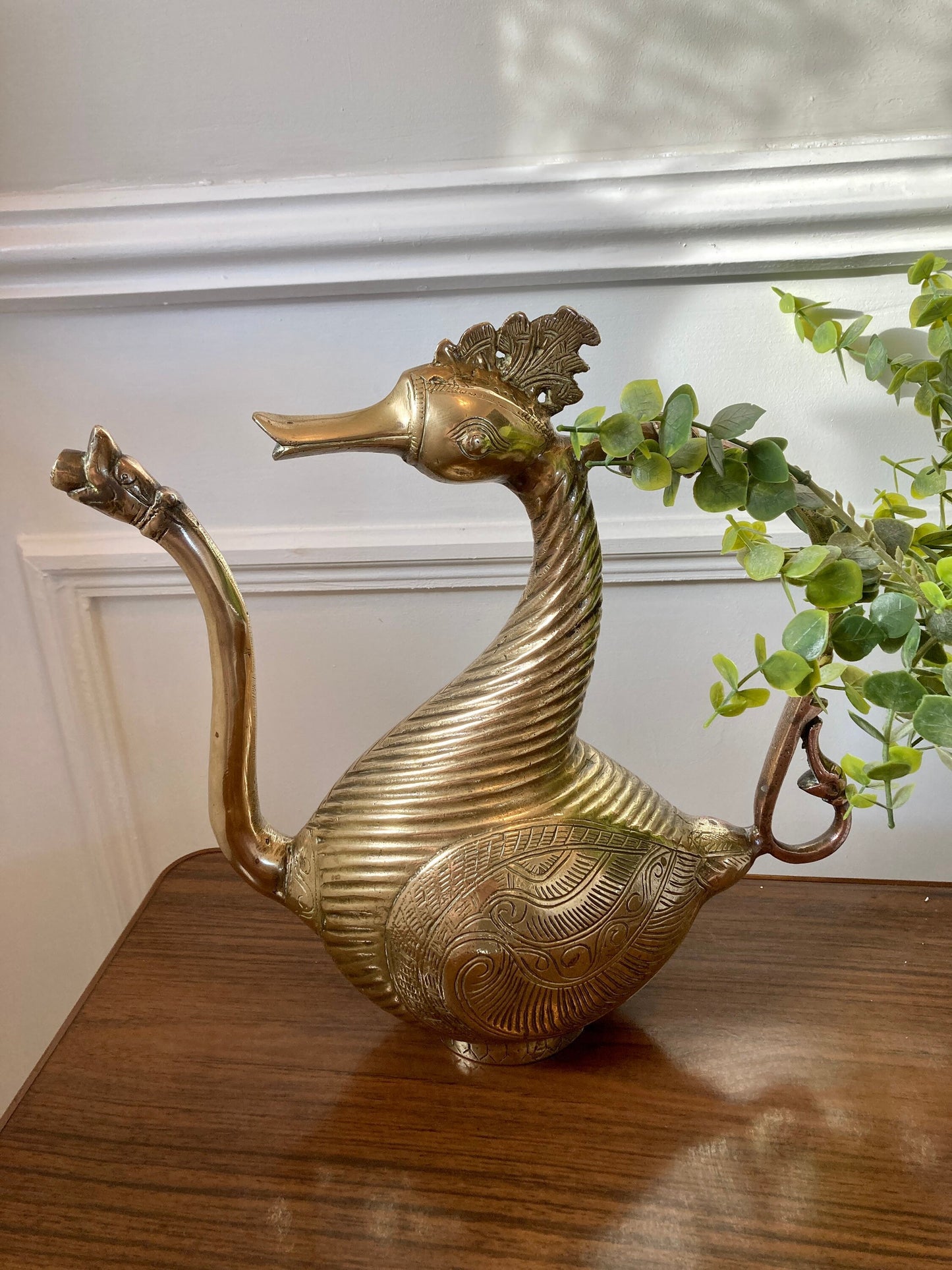 Mythic Goose, Solid Brass Goose, Mid Century Ewer in the Shape of a Mythic Goose, Makara with Floral Motifs Decorative Decanter Jug