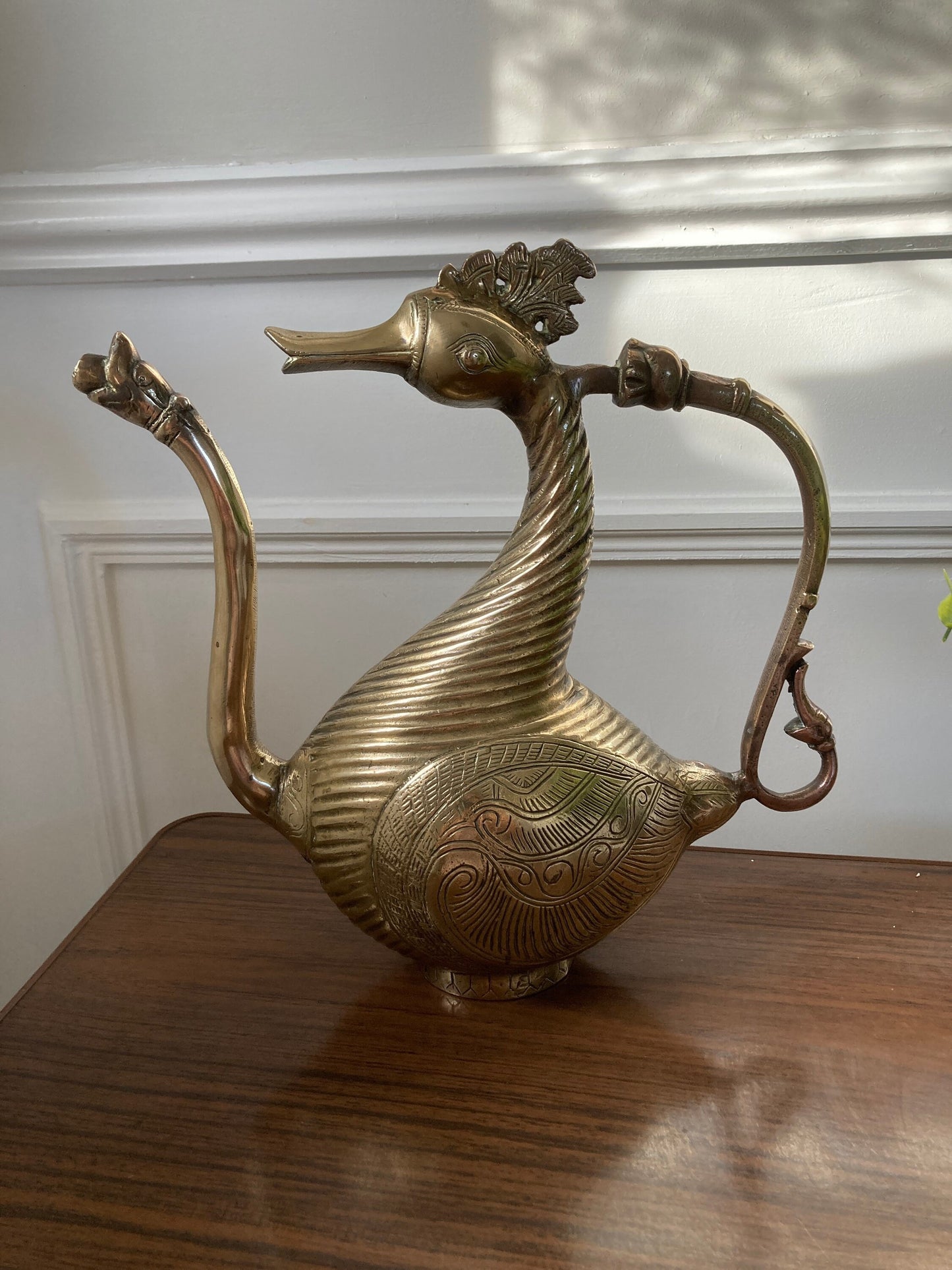 Mythic Goose, Solid Brass Goose, Mid Century Ewer in the Shape of a Mythic Goose, Makara with Floral Motifs Decorative Decanter Jug