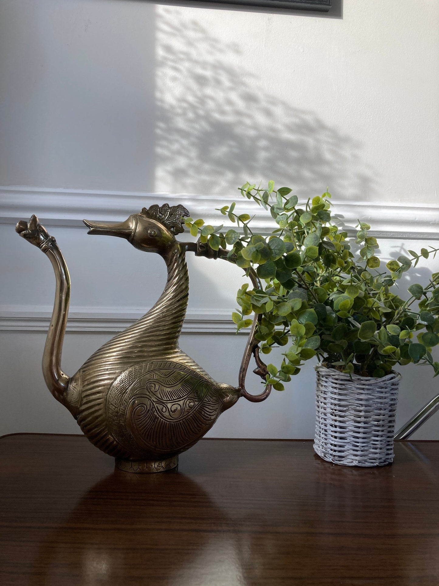 Mythic Goose, Solid Brass Goose, Mid Century Ewer in the Shape of a Mythic Goose, Makara with Floral Motifs Decorative Decanter Jug