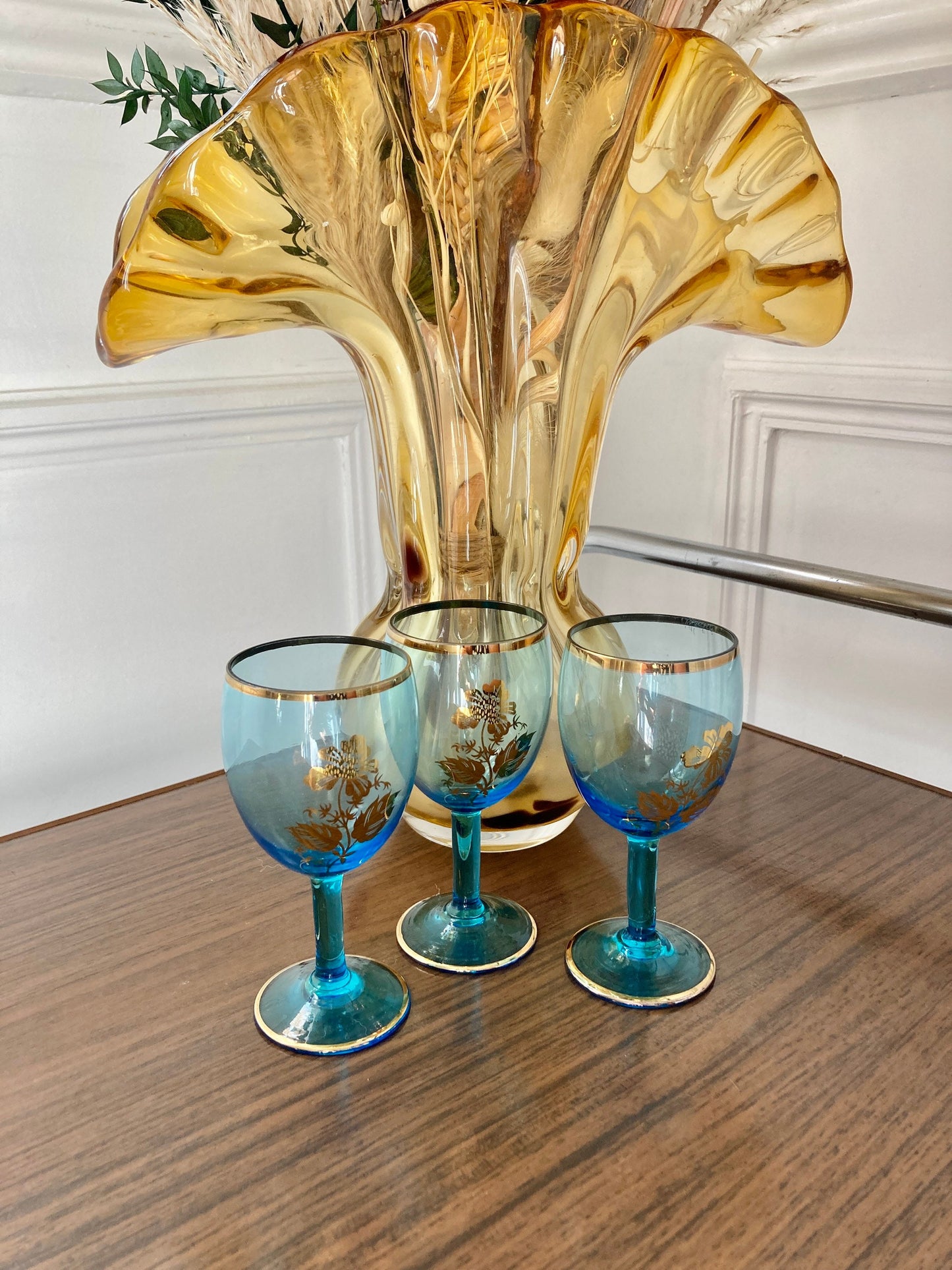 Vintage Blue glasses, Gilt Mid Century glasses, Czech Sherry Aperitif Wine Glass