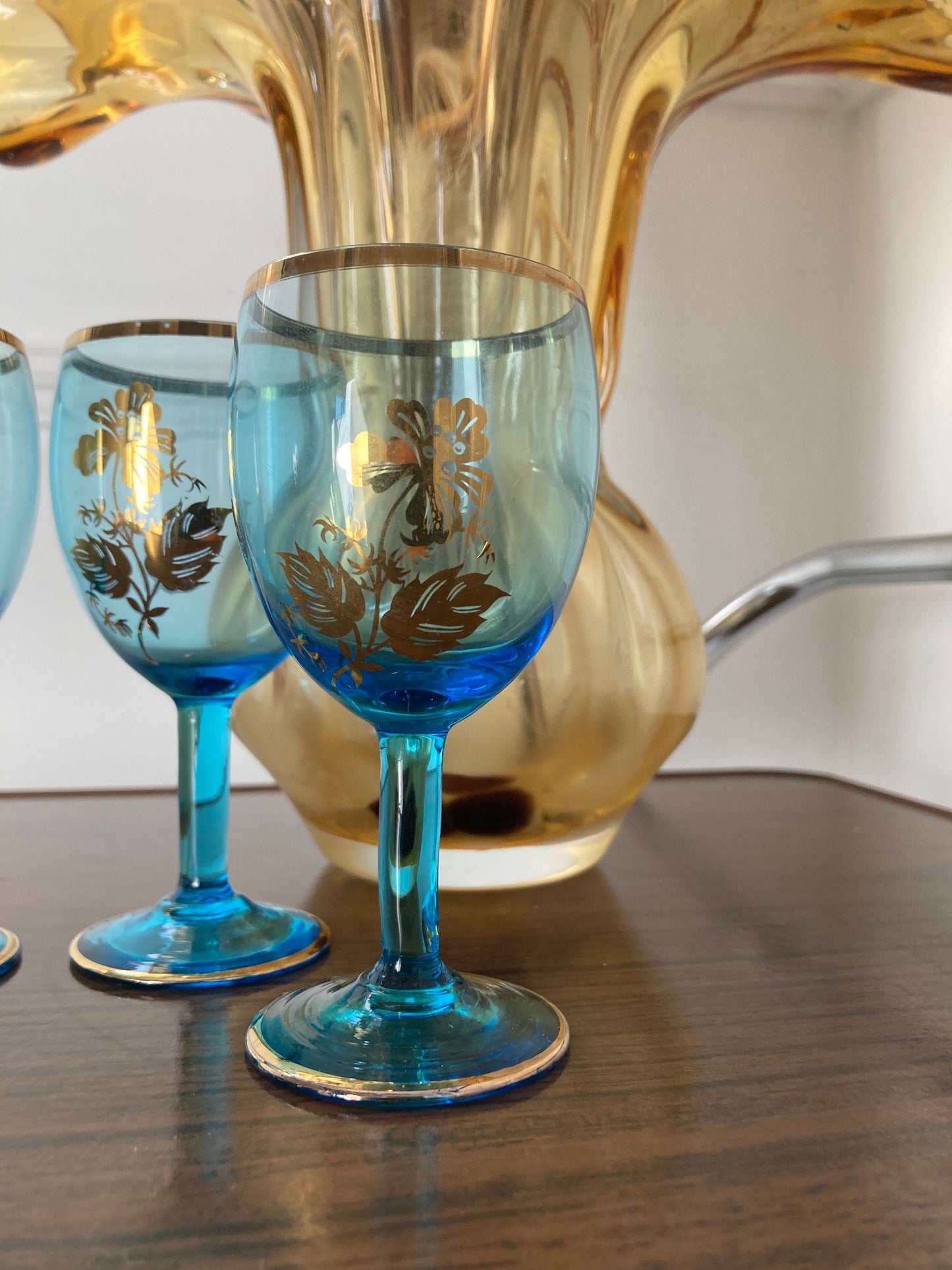 Vintage Blue glasses, Gilt Mid Century glasses, Czech Sherry Aperitif Wine Glass