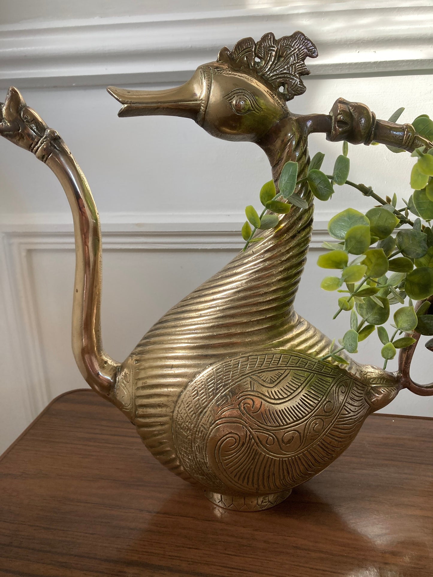 Mythic Goose, Solid Brass Goose, Mid Century Ewer in the Shape of a Mythic Goose, Makara with Floral Motifs Decorative Decanter Jug