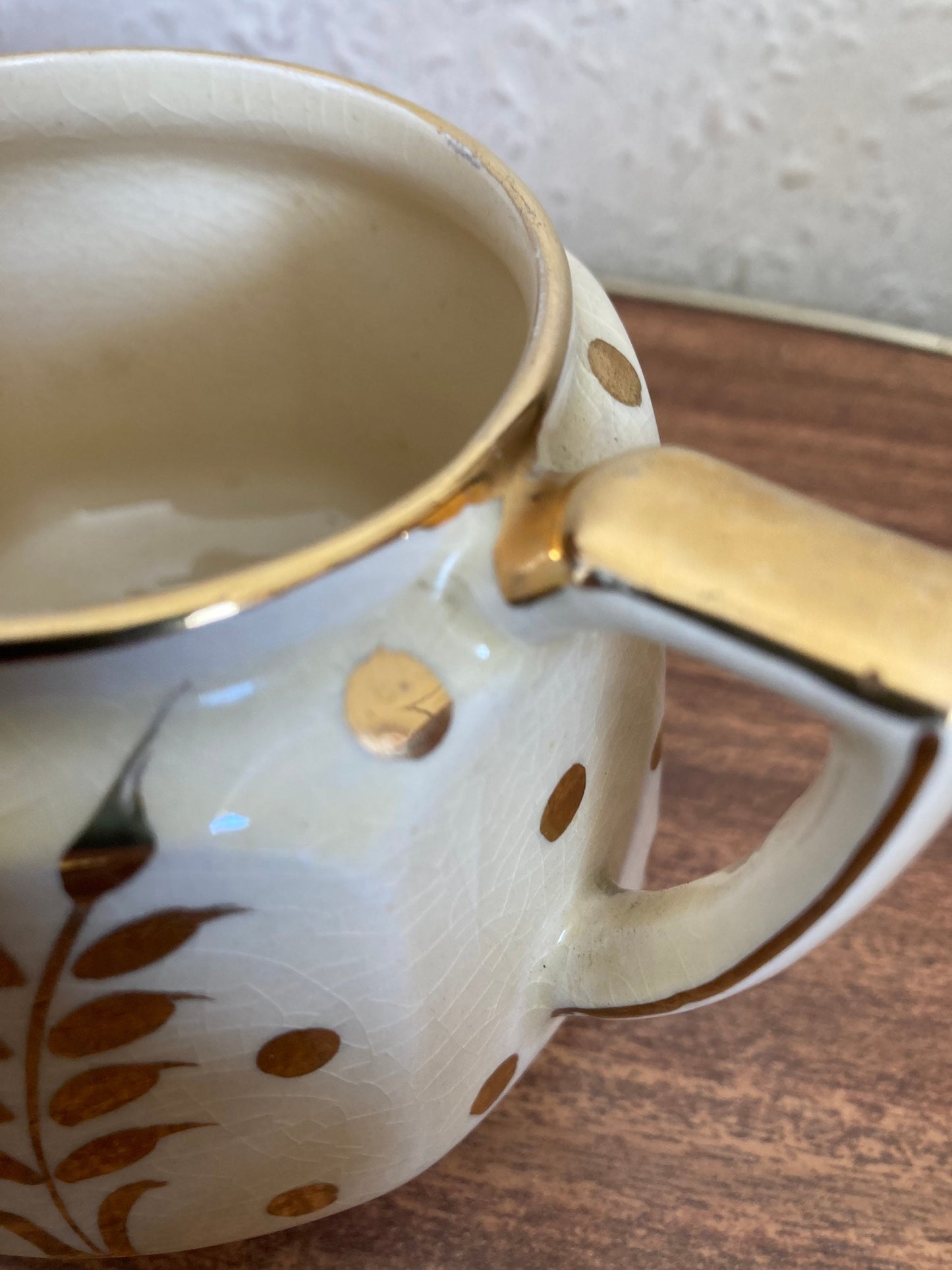 Vintage Price Bros Sugar Bowl, leaf pattern sugar bowl, gold and cream sugar bowl