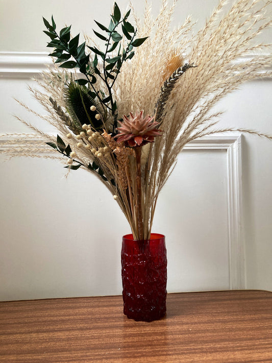 Vintage red bark style textured vase, bark glass tumbler, red vintage glass