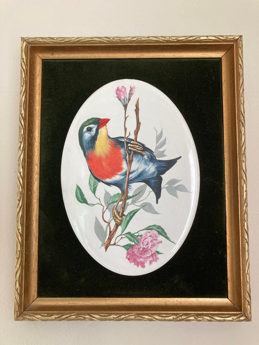 Vintage bird wall hanging, ceramic bird wall hanging, bird with gold frame, velvet mounted print