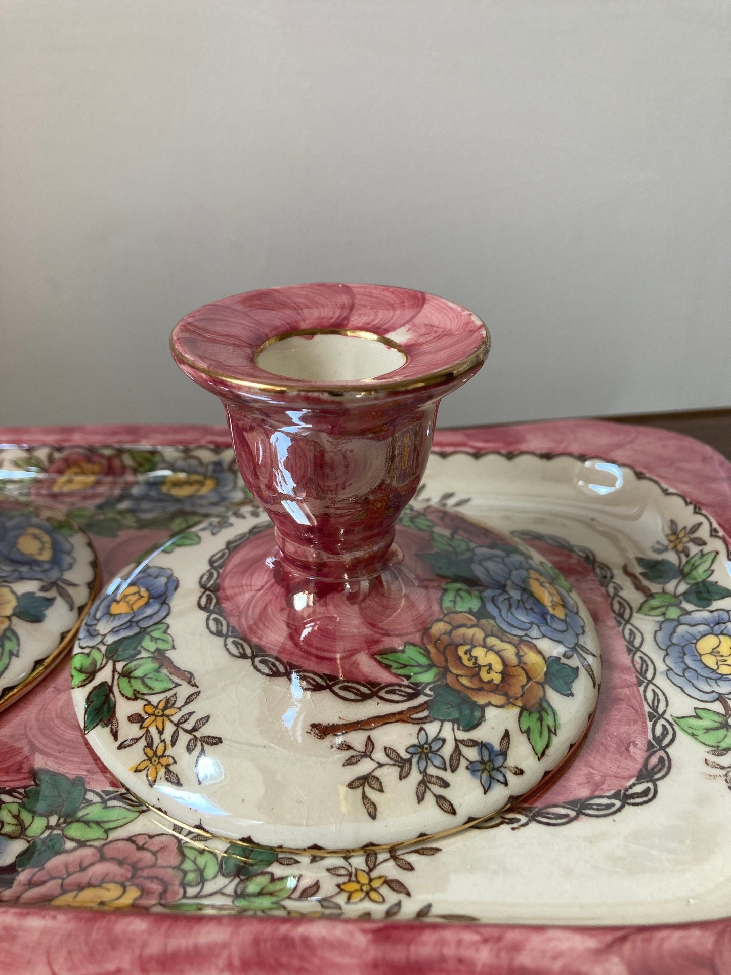 Vintage  Malingware Peony Rose sponge-painted dressing table set, floral trinket tray, pink and floral dressing table set