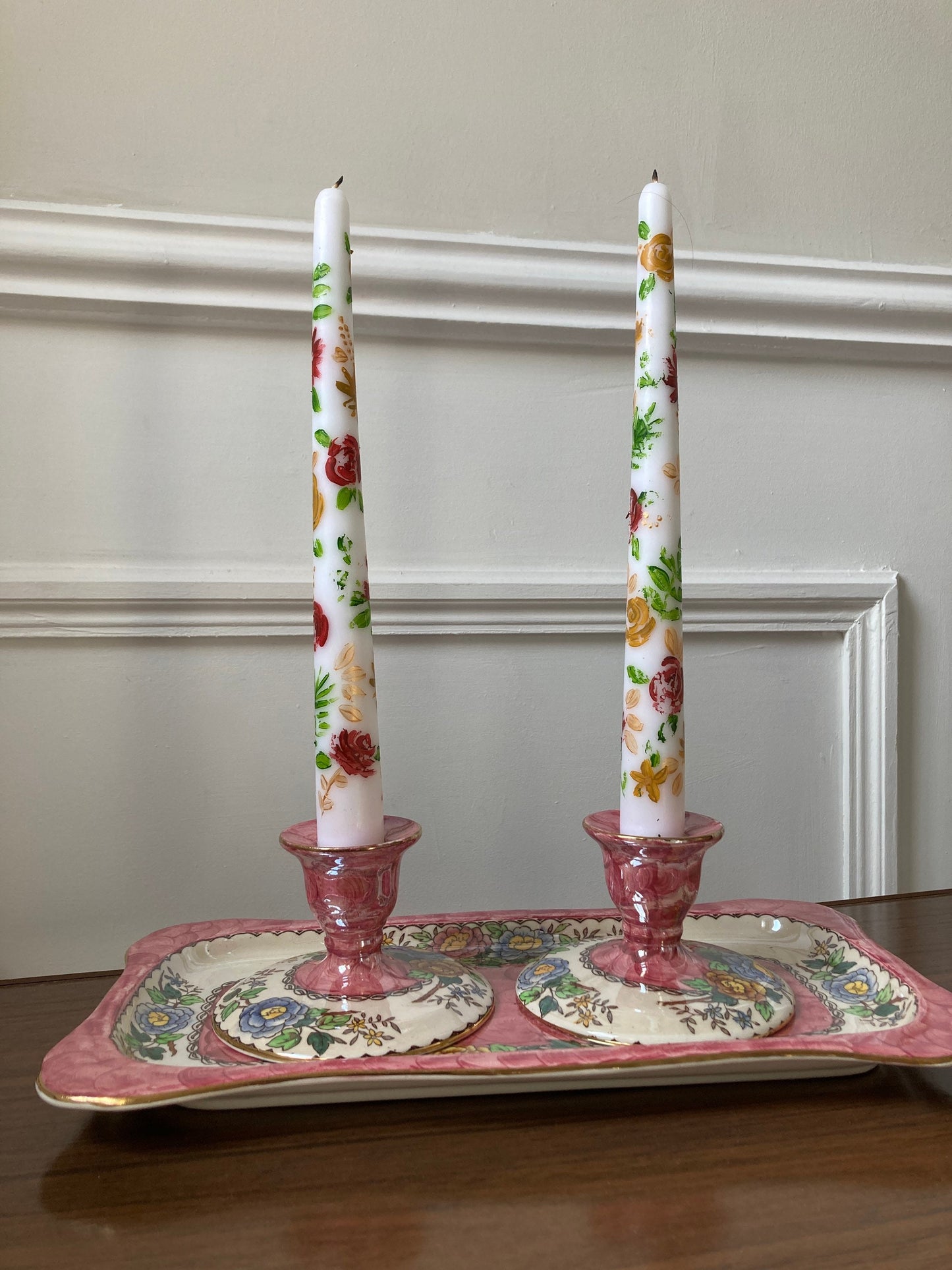 Vintage  Malingware Peony Rose sponge-painted dressing table set, floral trinket tray, pink and floral dressing table set