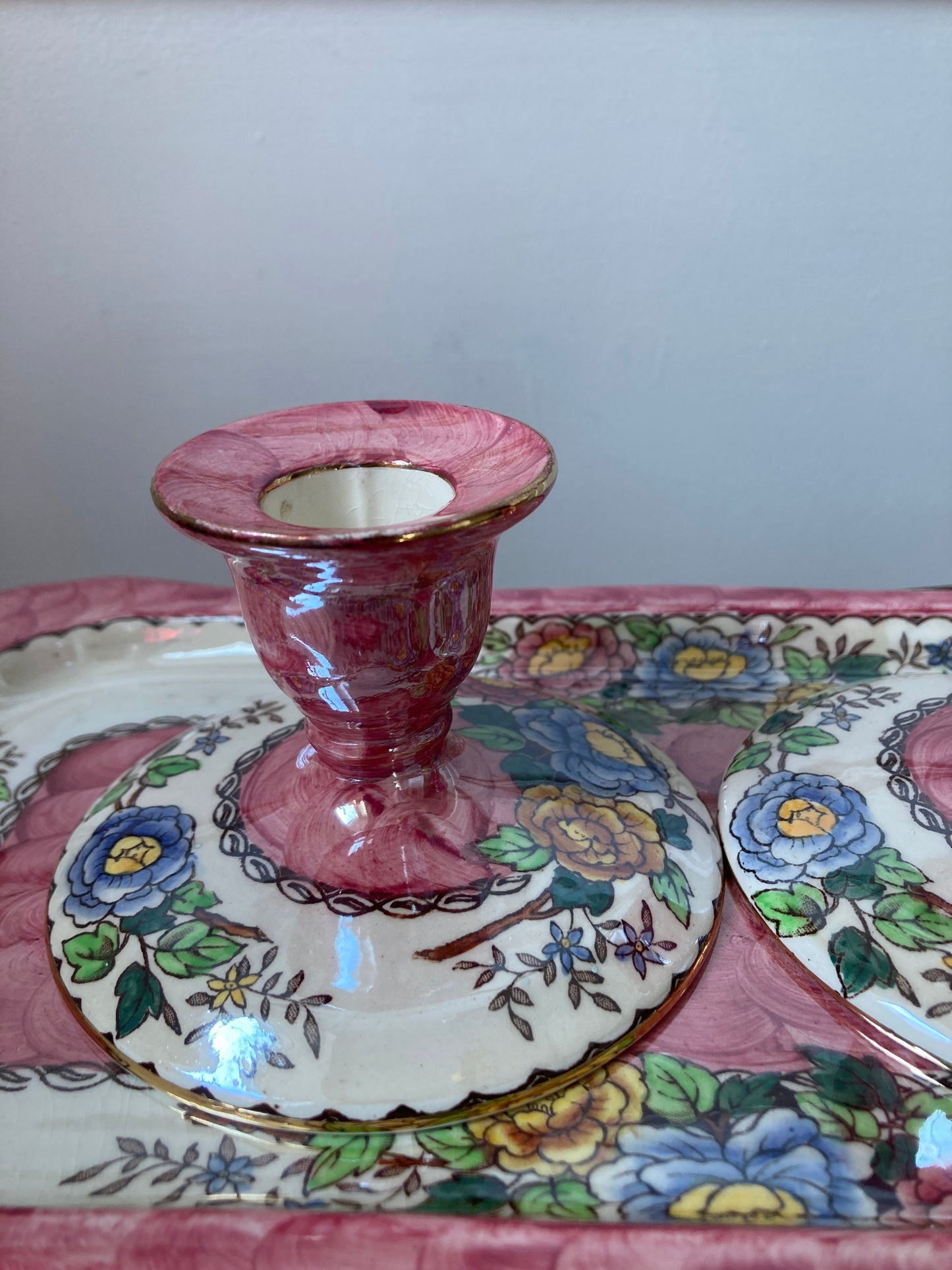 Vintage  Malingware Peony Rose sponge-painted dressing table set, floral trinket tray, pink and floral dressing table set