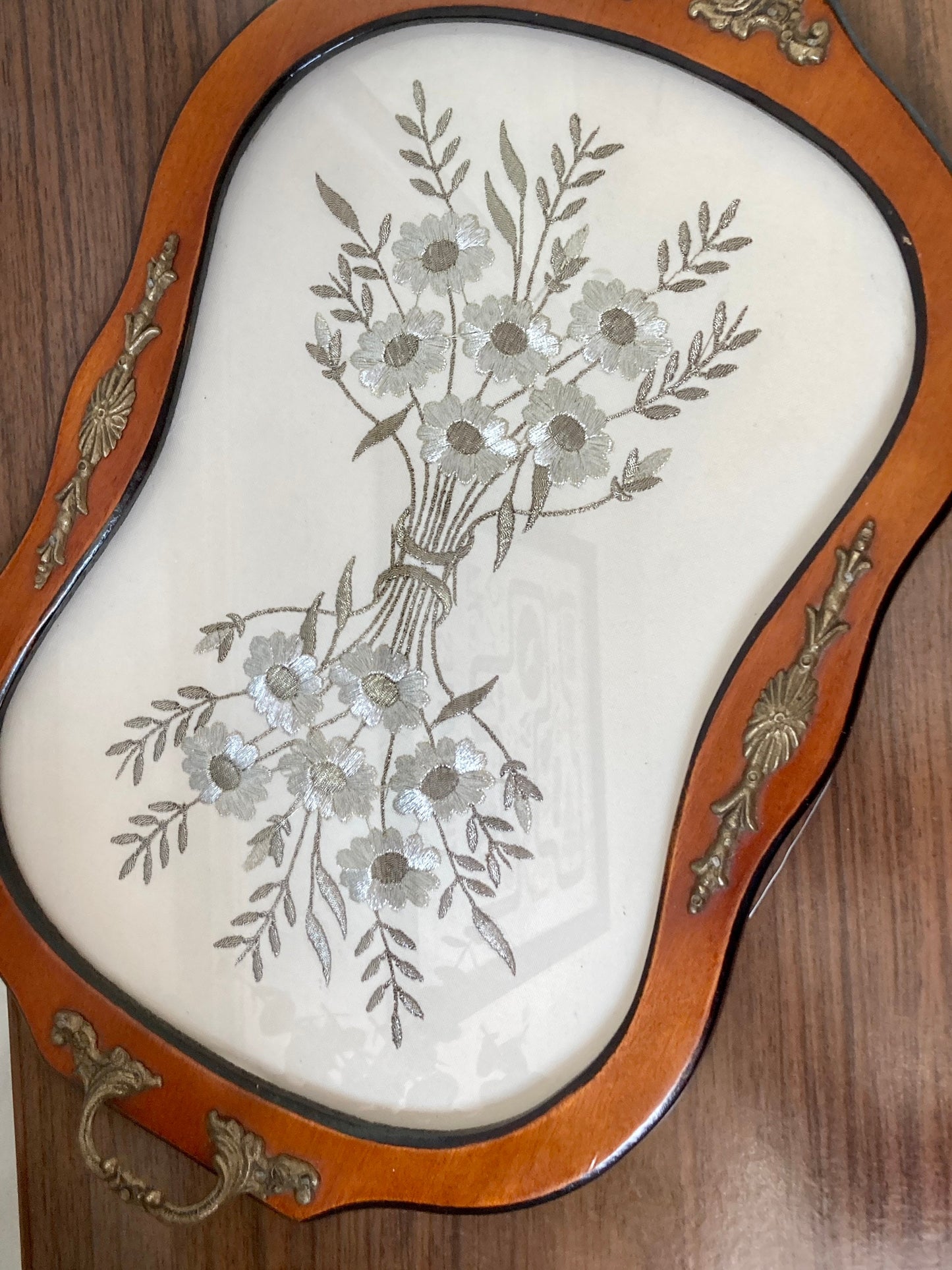 Vintage brass handle serving tray, vintage embroidered serving tray, Art Deco serving tray, floral serving tray