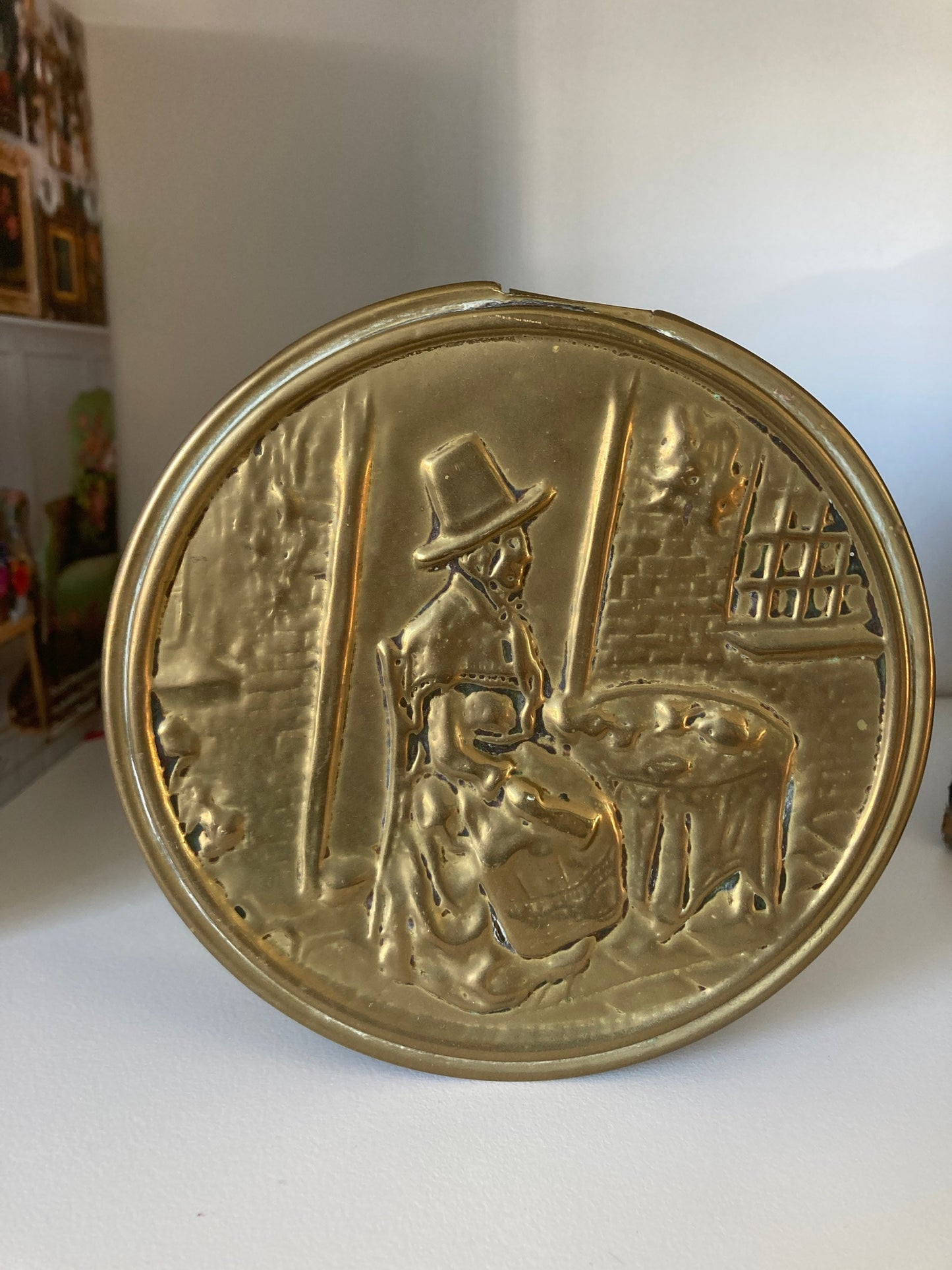 Vintage brass Welsh tin, Welsh wool spinner, vintage brass tin, brass storage