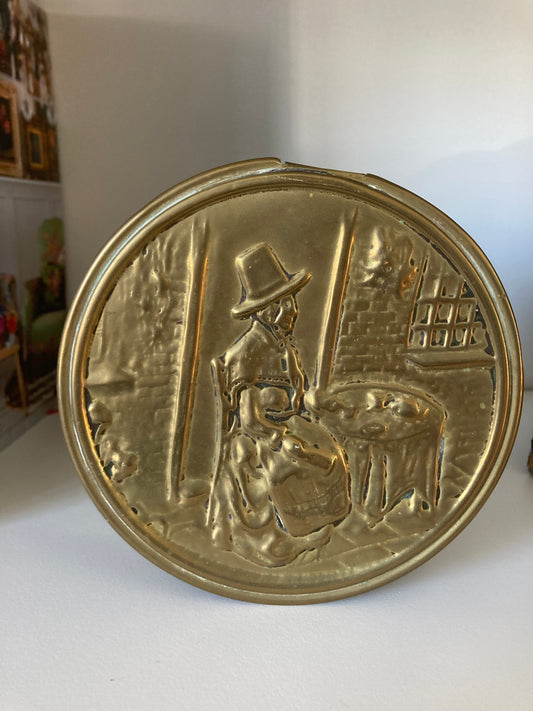 Vintage brass Welsh tin, Welsh wool spinner, vintage brass tin, brass storage