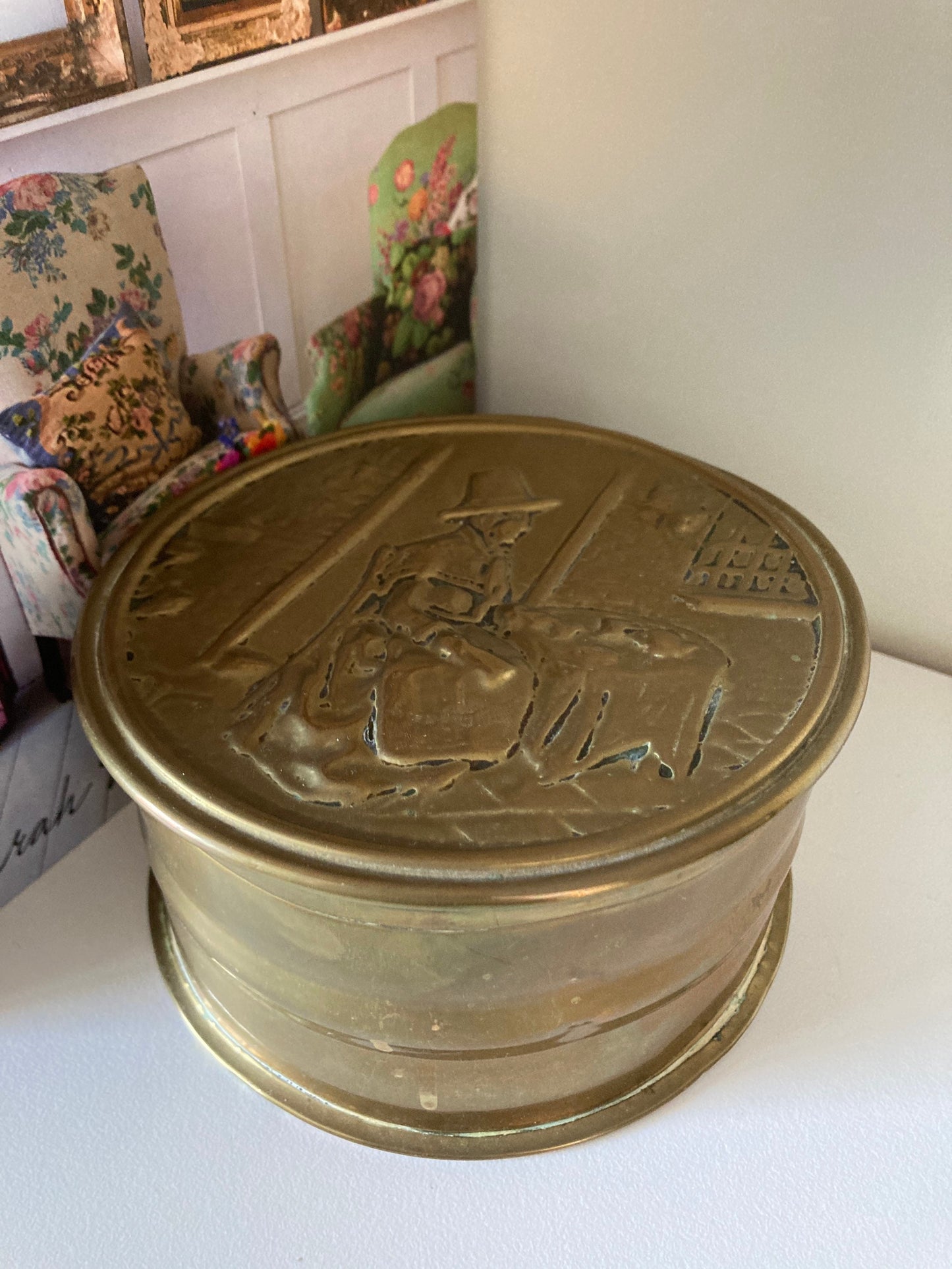 Vintage brass Welsh tin, Welsh wool spinner, vintage brass tin, brass storage