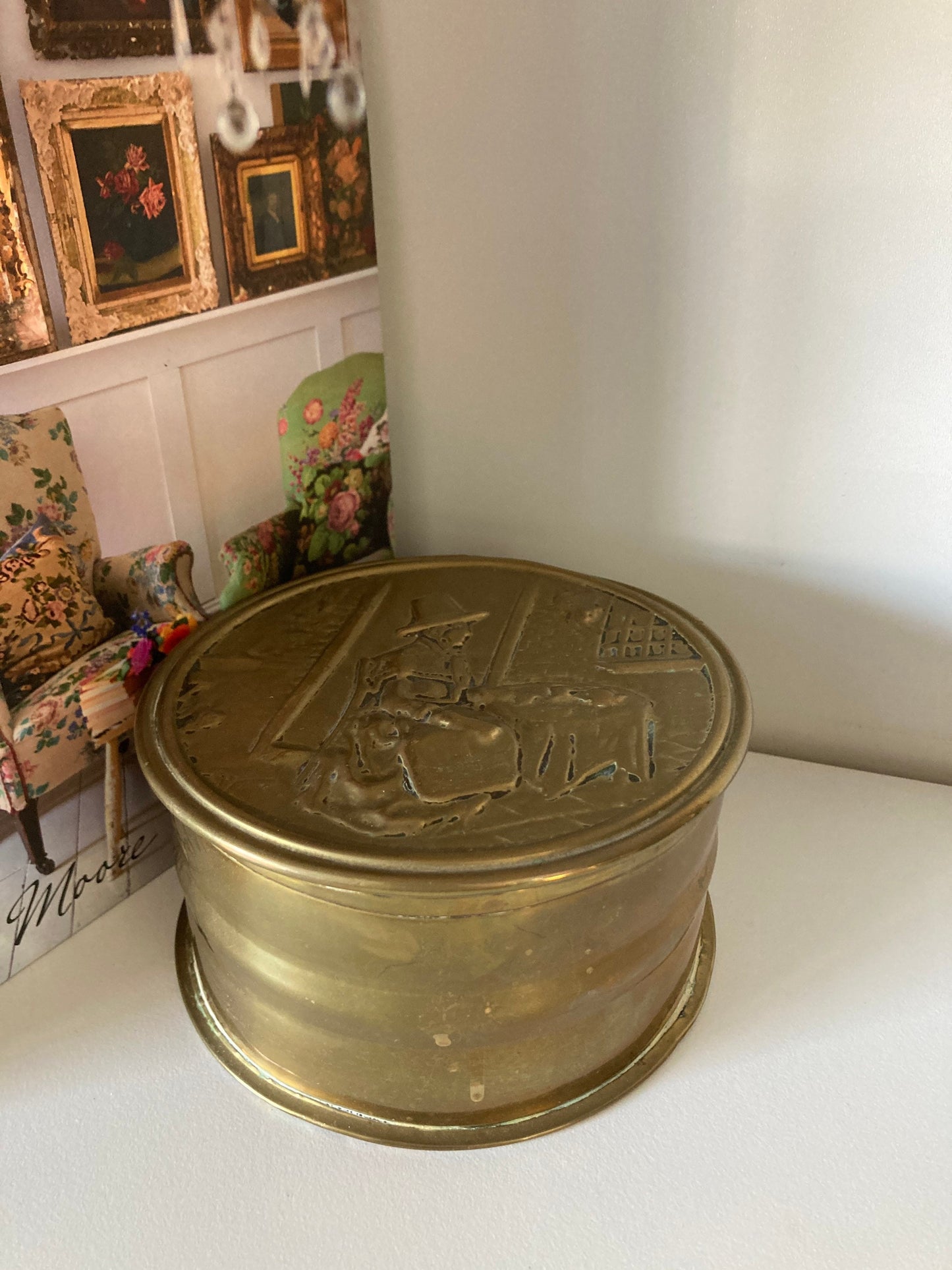 Vintage brass Welsh tin, Welsh wool spinner, vintage brass tin, brass storage