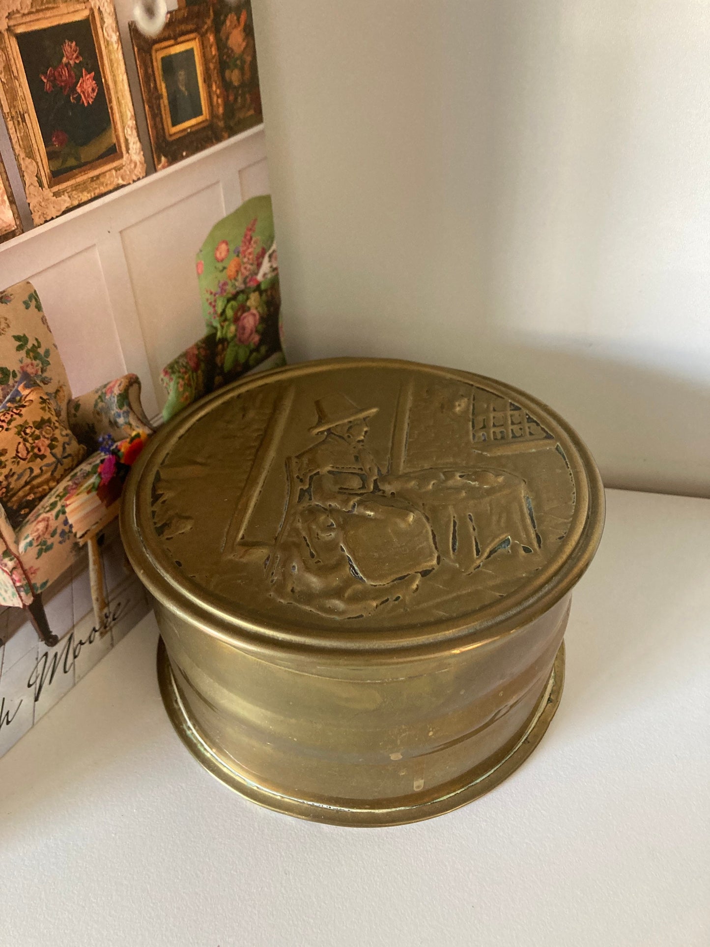 Vintage brass Welsh tin, Welsh wool spinner, vintage brass tin, brass storage