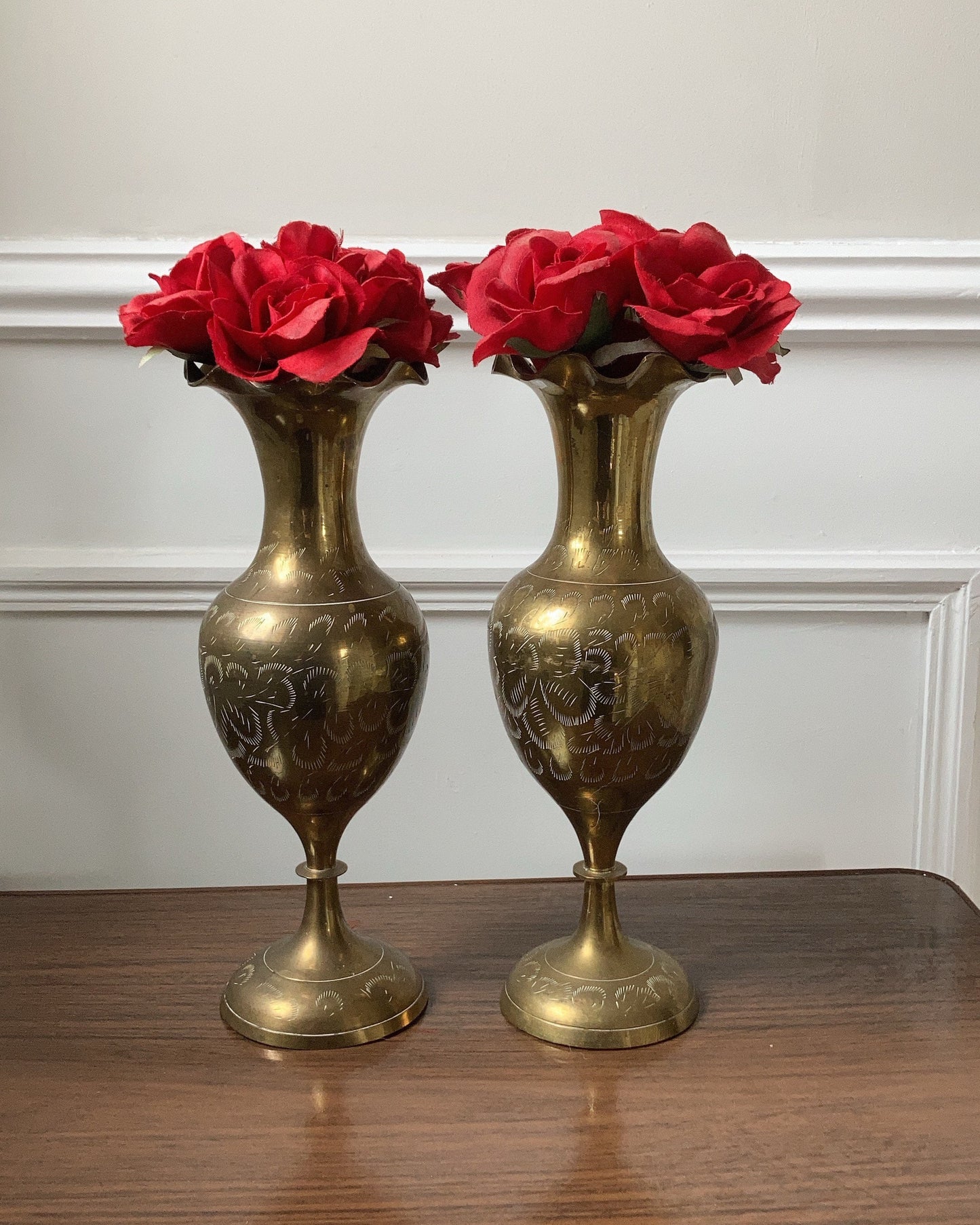 Pair of large etched vintage brass vases, vintage Indian brass, large brass vase