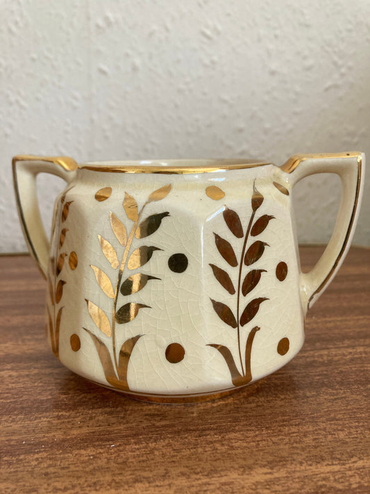 Vintage Price Bros Sugar Bowl, leaf pattern sugar bowl, gold and cream sugar bowl