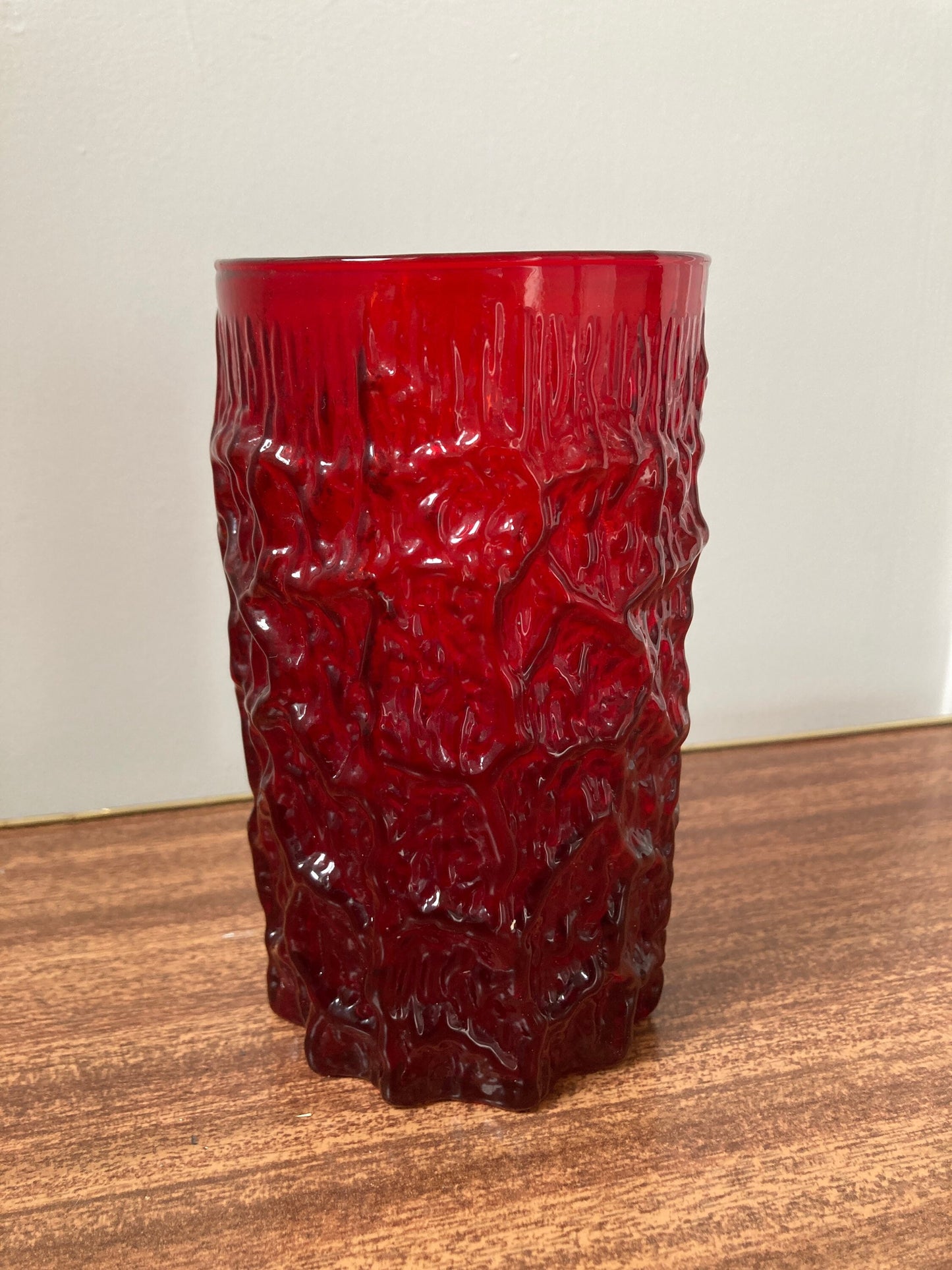 Vintage red bark style textured vase, bark glass tumbler, red vintage glass