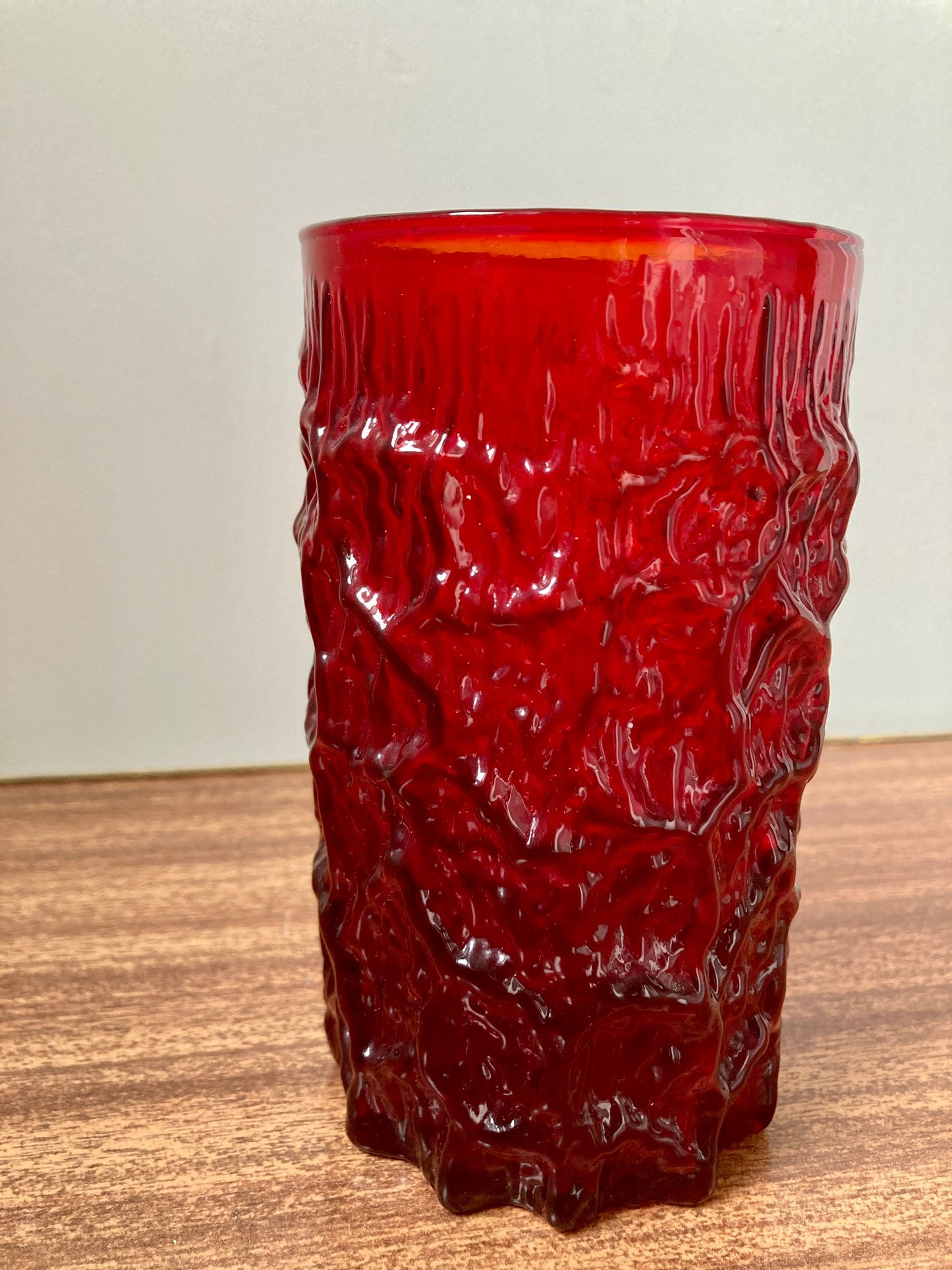 Vintage red bark style textured vase, bark glass tumbler, red vintage glass