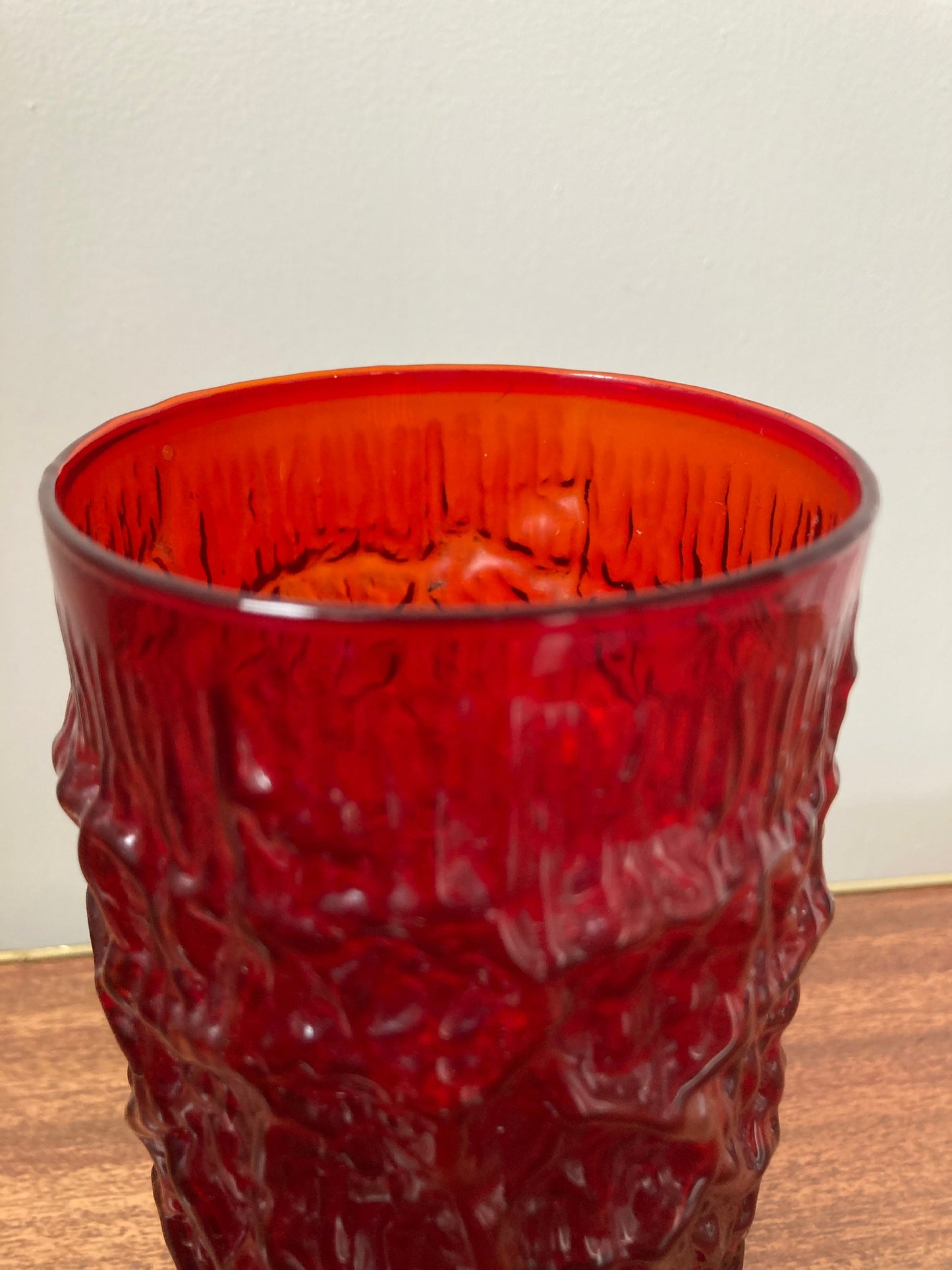 Vintage red bark style textured vase, bark glass tumbler, red vintage glass