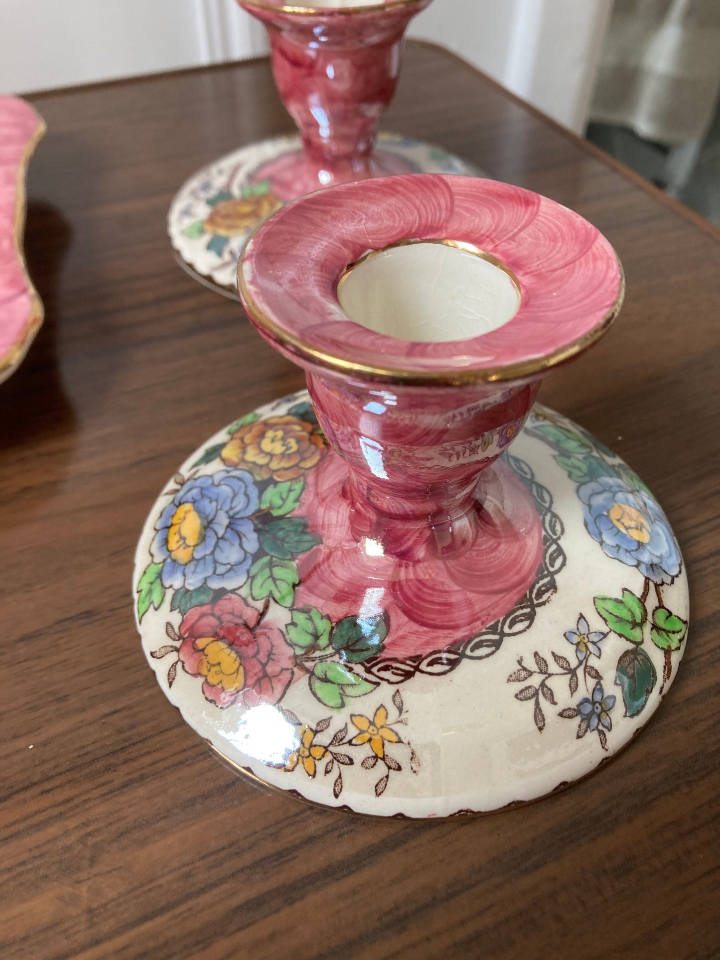 Vintage  Malingware Peony Rose sponge-painted dressing table set, floral trinket tray, pink and floral dressing table set