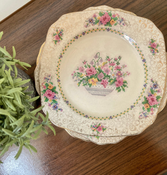 Vintage H & K Tunstall Old English Needlepoint plates, floral sandwich plates, vintage cake plates, vintage sampler plates