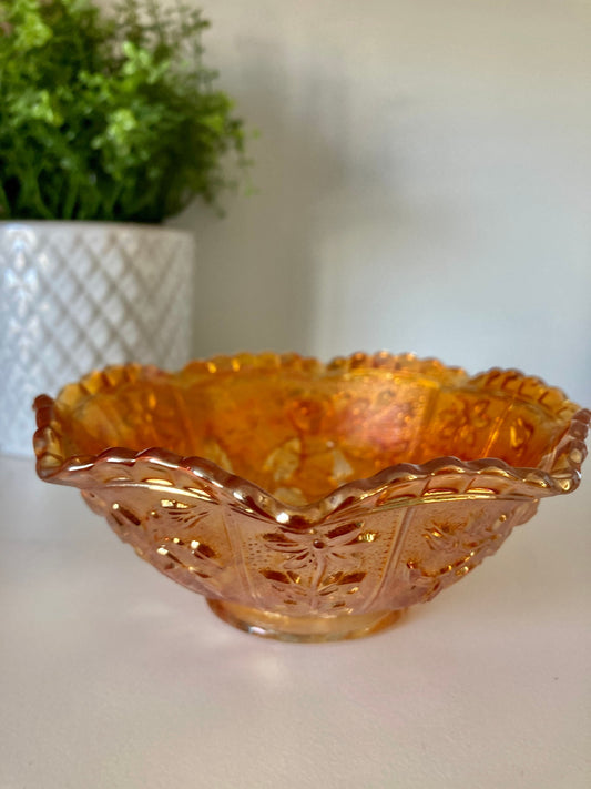 Vintage marigold carnival glass rose bowl, small carnival orange bowl, small depression glass bowl, small decorative bowl