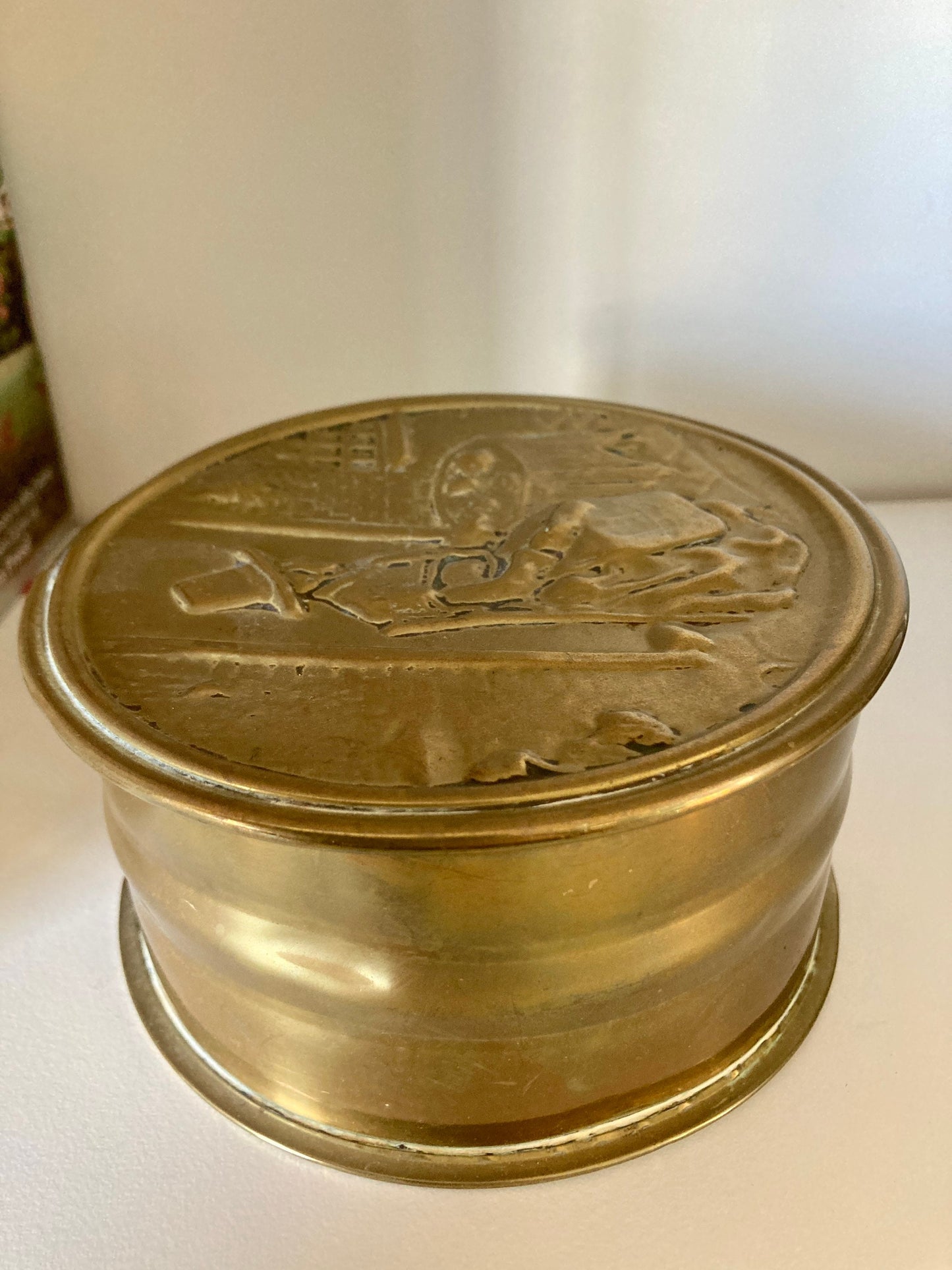 Vintage brass Welsh tin, Welsh wool spinner, vintage brass tin, brass storage