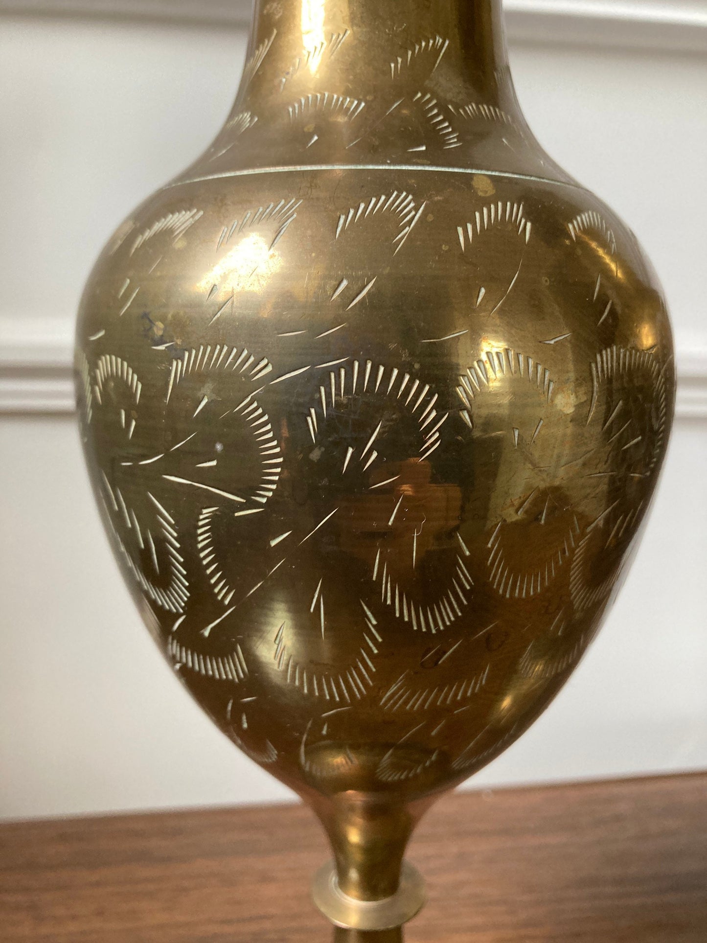 Pair of large etched vintage brass vases, vintage Indian brass, large brass vase