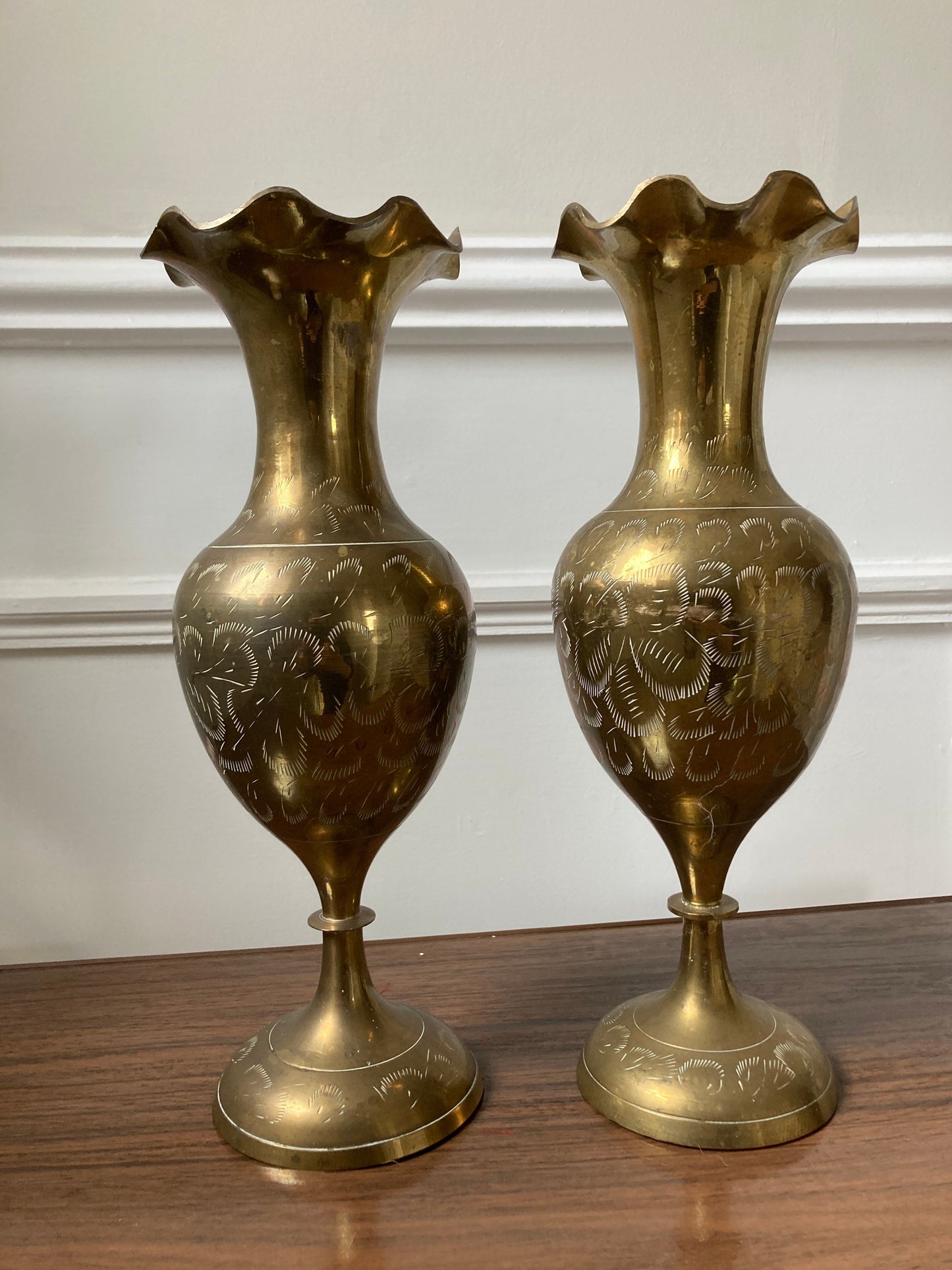 Pair of large etched vintage brass vases, vintage Indian brass, large brass vase