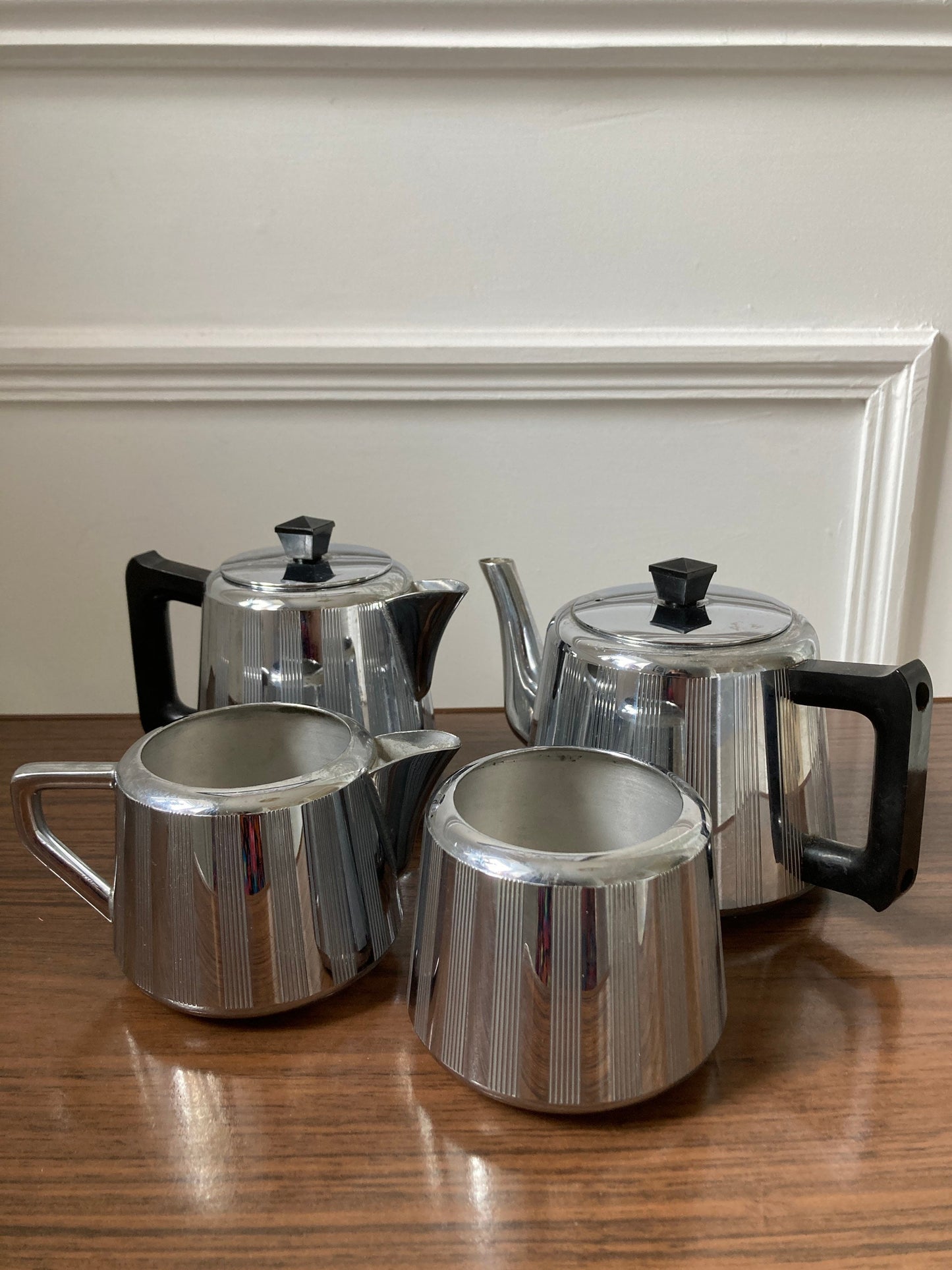 Vintage Swan Cromalin Gothic tea set, retro Chrome plated tea set, 1960s chrome tea set