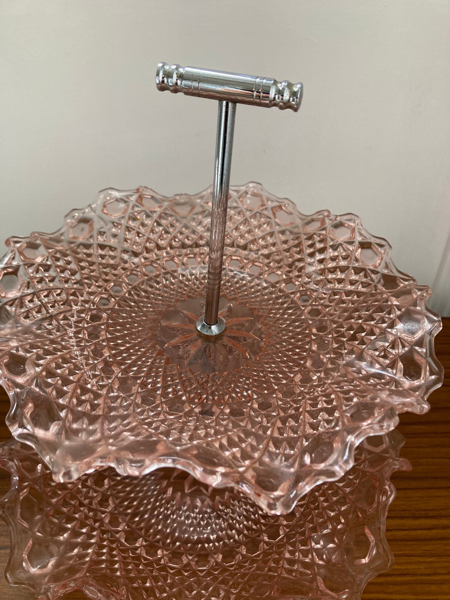 Art Deco cake stand, Two Tier Cake Stand, Vintage depression glass cake stand, pink two tier cake stand