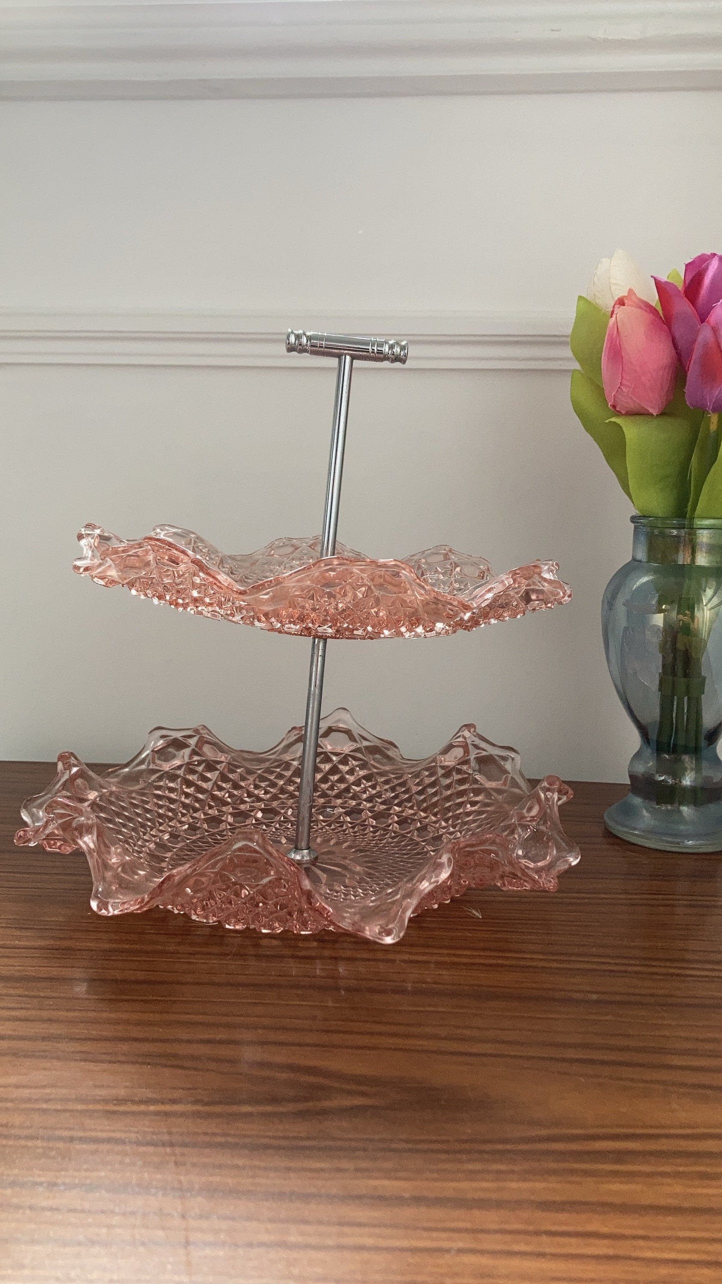 Art Deco cake stand, Two Tier Cake Stand, Vintage depression glass cake stand, pink two tier cake stand