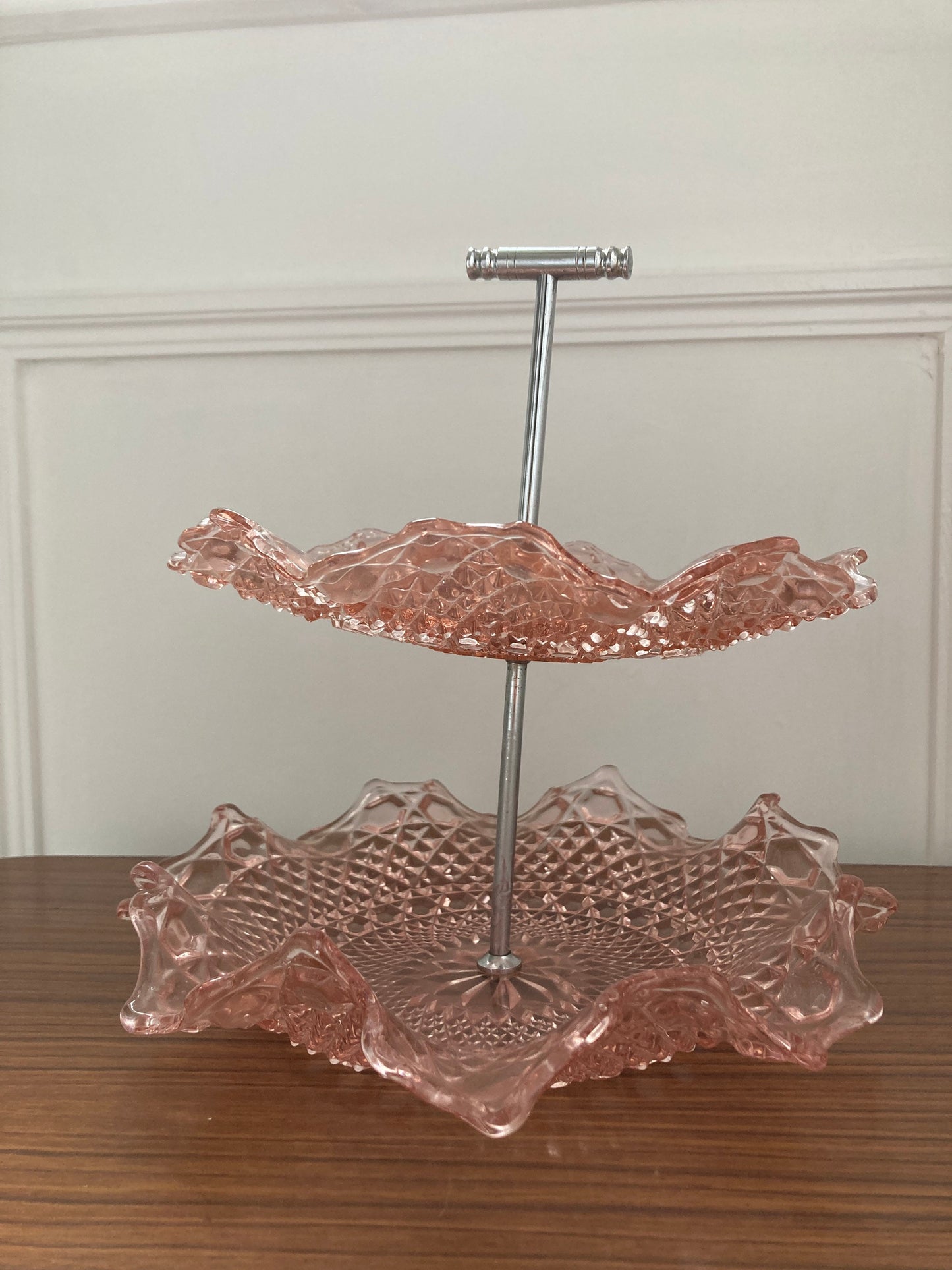 Art Deco cake stand, Two Tier Cake Stand, Vintage depression glass cake stand, pink two tier cake stand