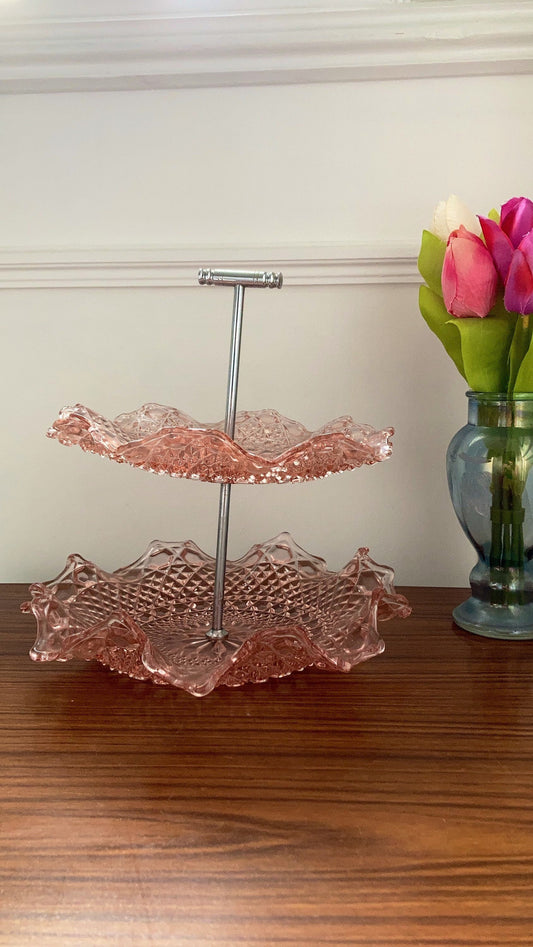 Art Deco cake stand, Two Tier Cake Stand, Vintage depression glass cake stand, pink two tier cake stand