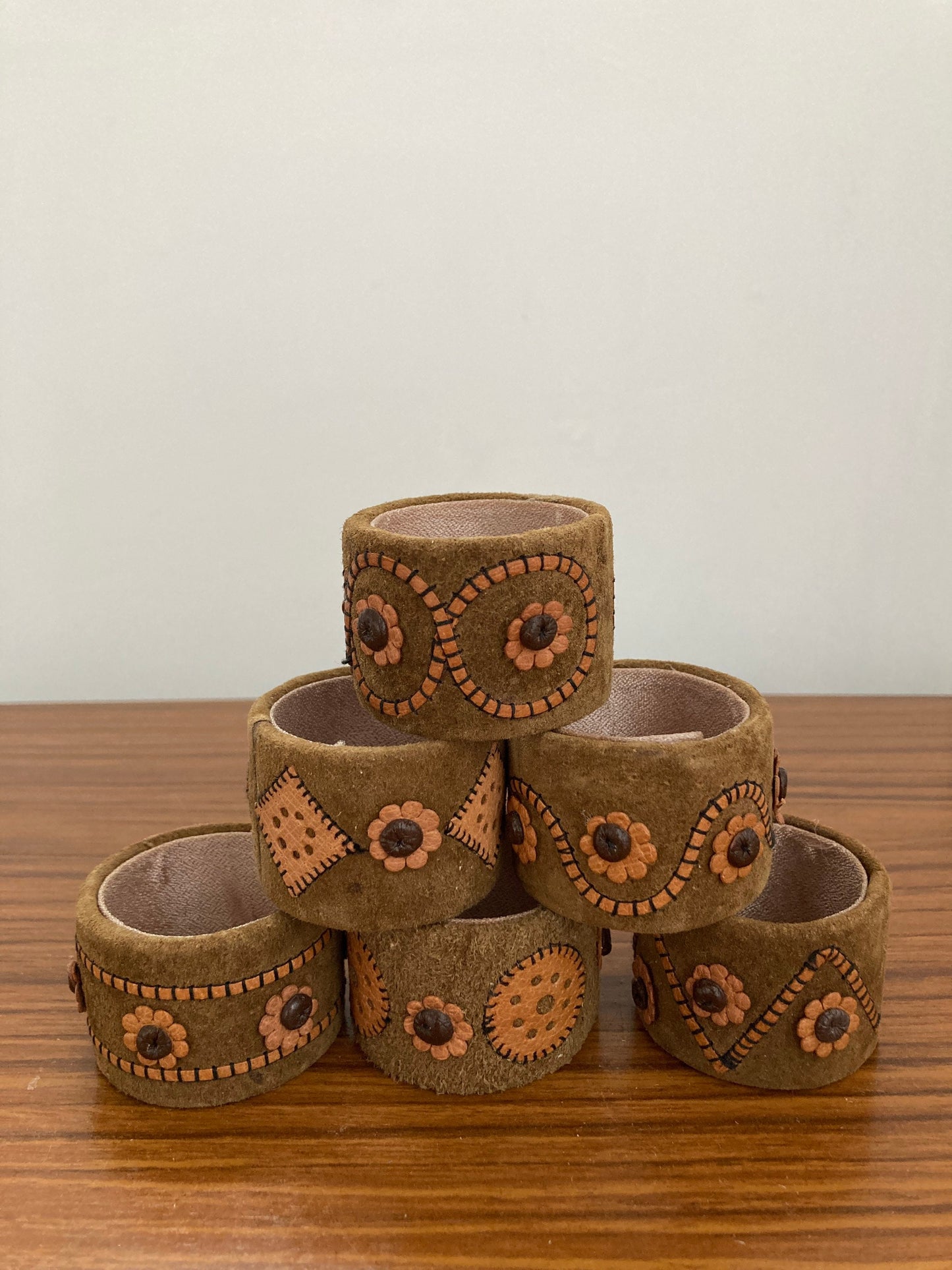 Leather napkin rings, Vintage 1960s leather napkin rings, retro napkin rings, floral napkin rings