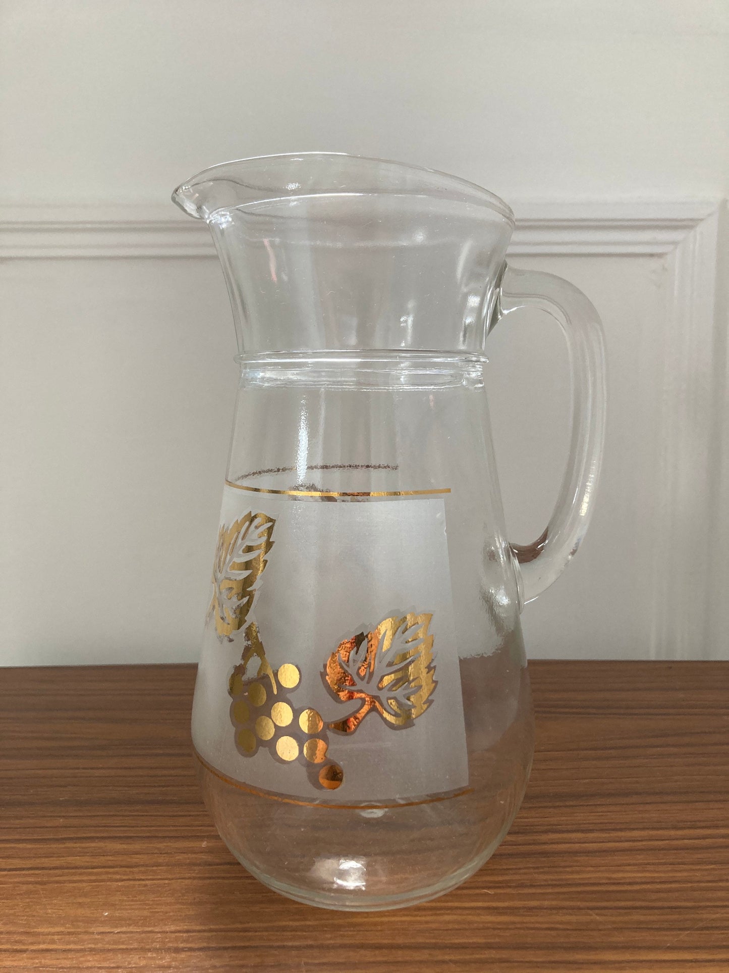 Vintage Frosted Glass Jug, Frosted Glass Gold Grape Leaf Design , vintage Pitcher, Retro gold jug