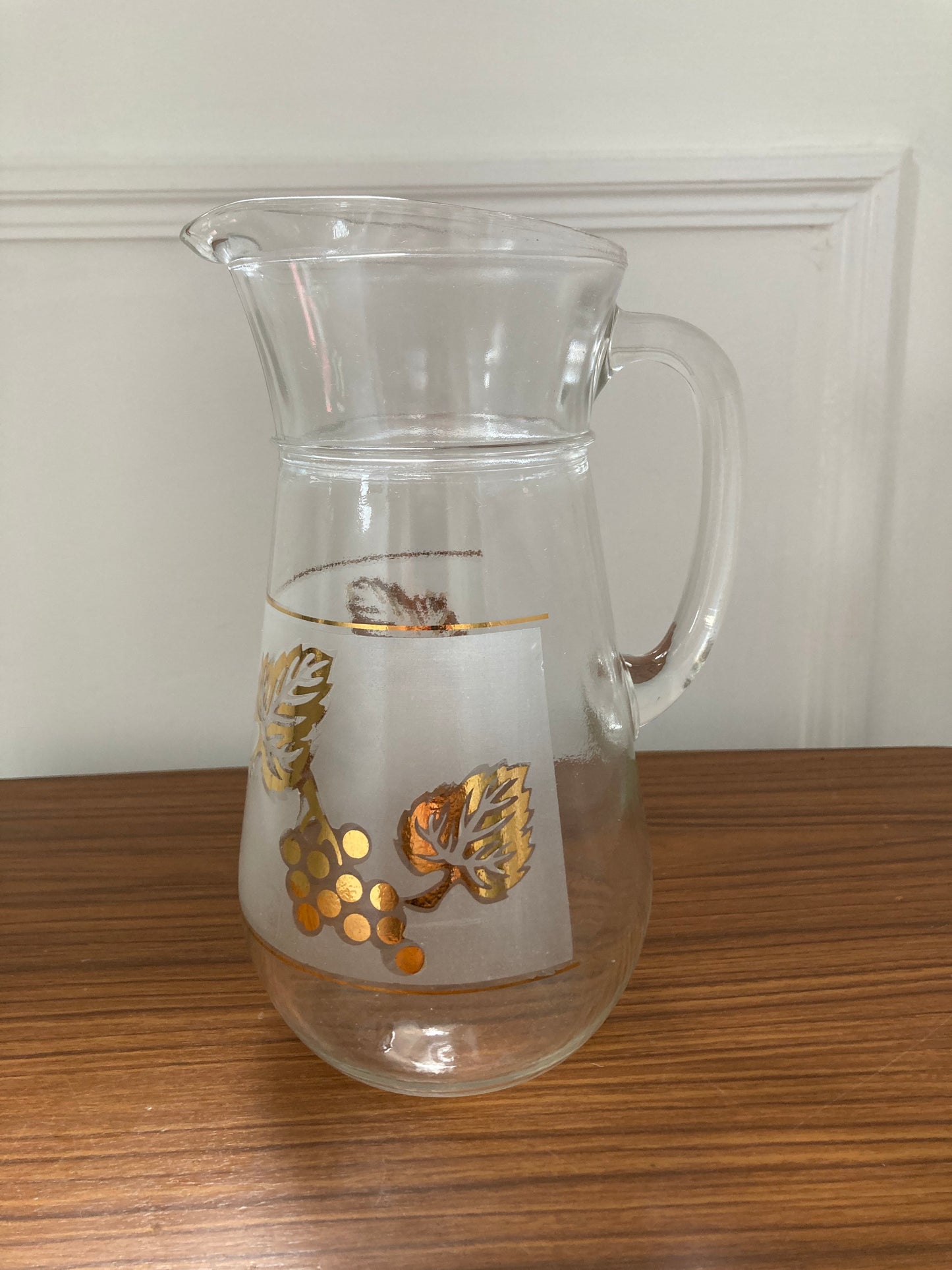 Vintage Frosted Glass Jug, Frosted Glass Gold Grape Leaf Design , vintage Pitcher, Retro gold jug