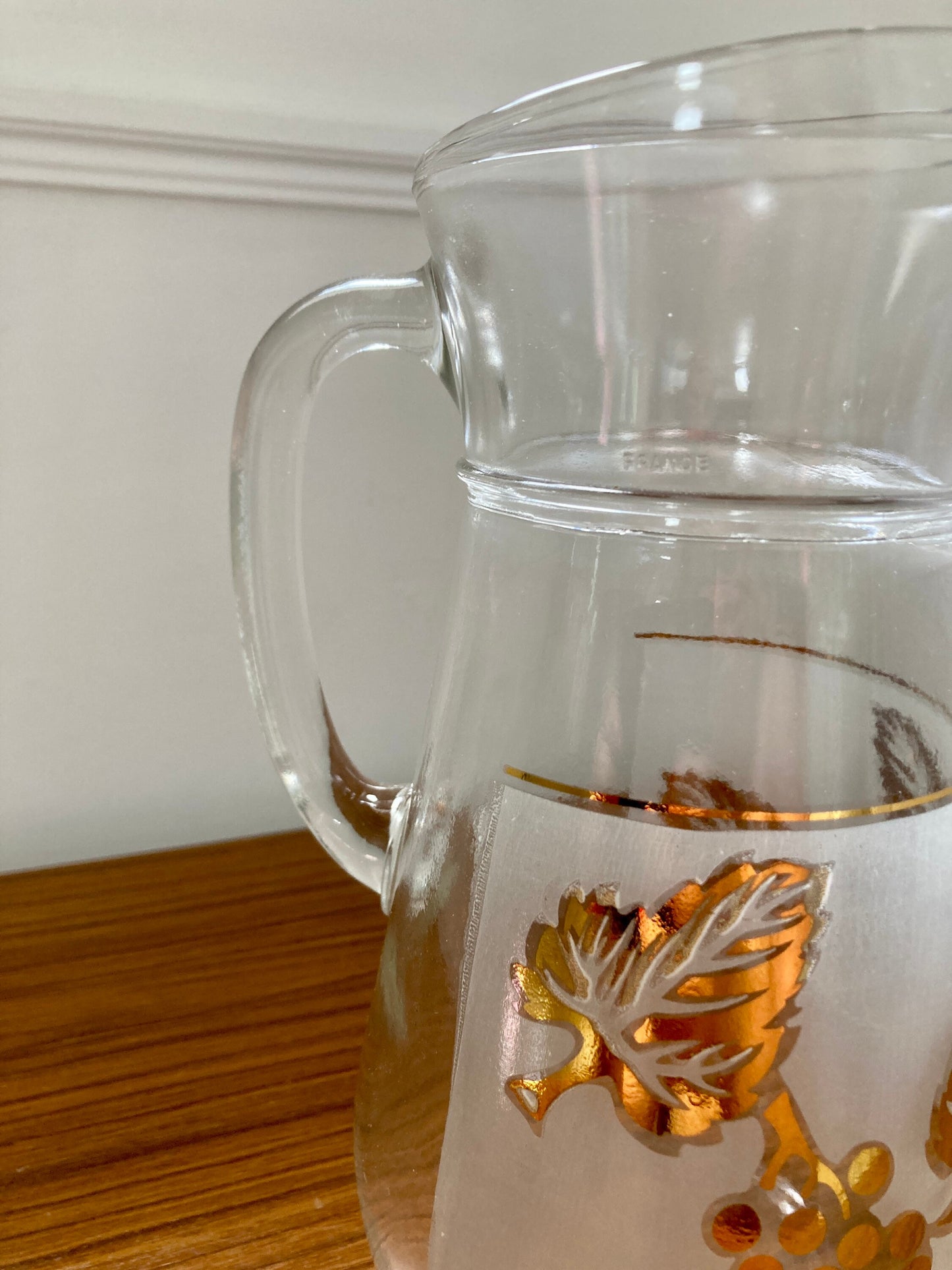 Vintage Frosted Glass Jug, Frosted Glass Gold Grape Leaf Design , vintage Pitcher, Retro gold jug