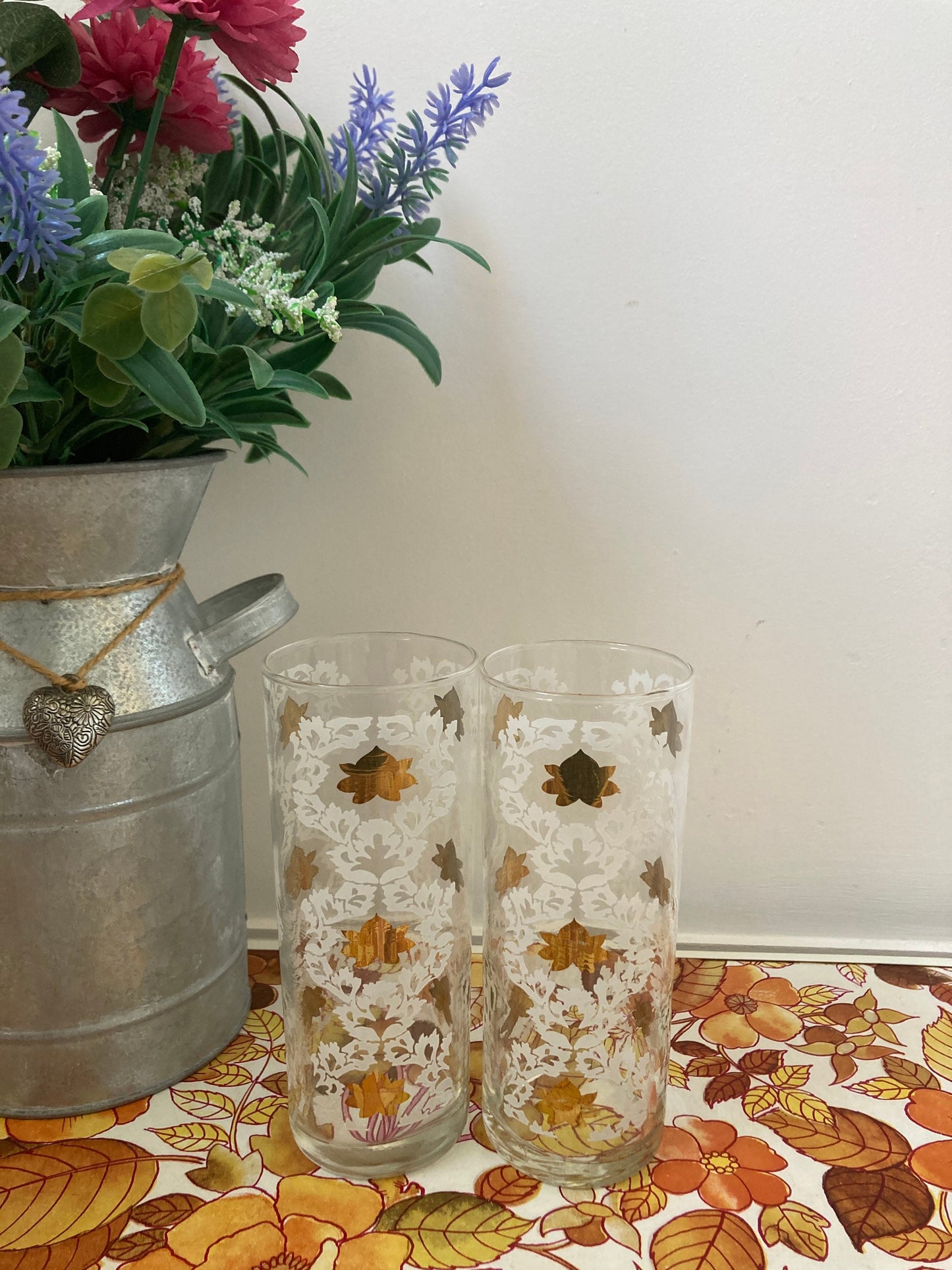 Vintage highball glasses, 1950s tall tumblers, Tom Collins glasses, gold foliage glasses