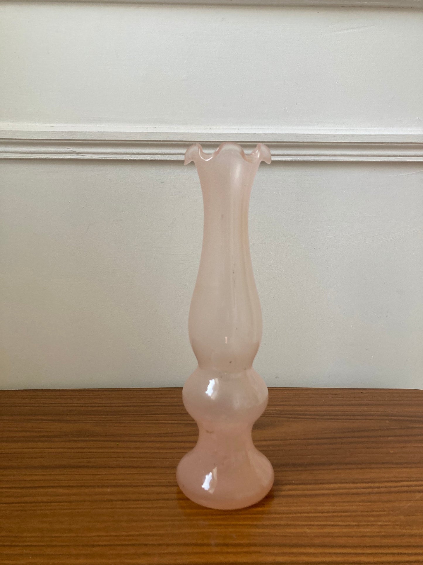 Vintage baby pink bud vase, opaline pink vase, fluted bud vase, Mid Century bud vase