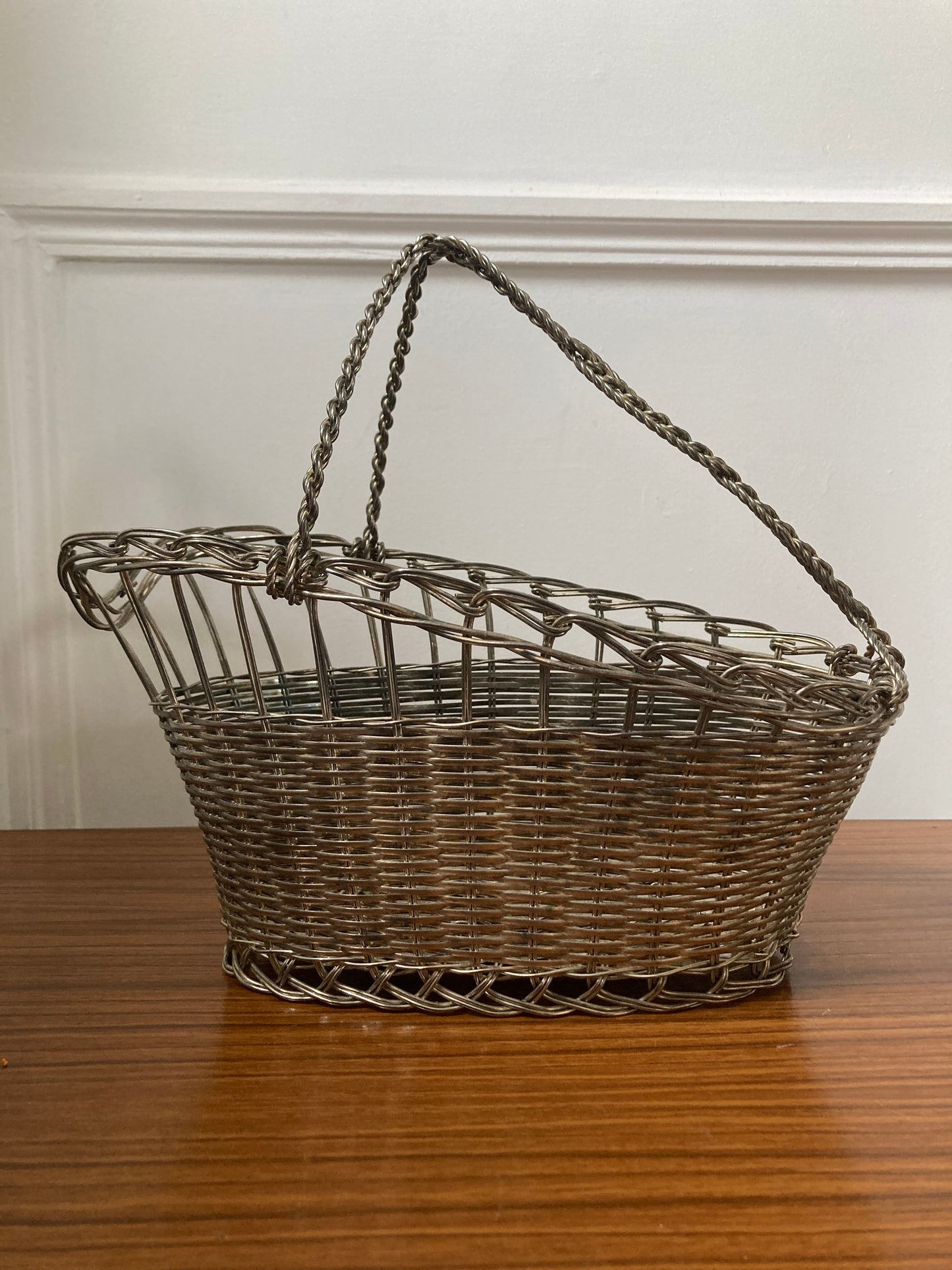 Silver Metal Wine Bottle Basket, Vintage French Wine Bottle Holder