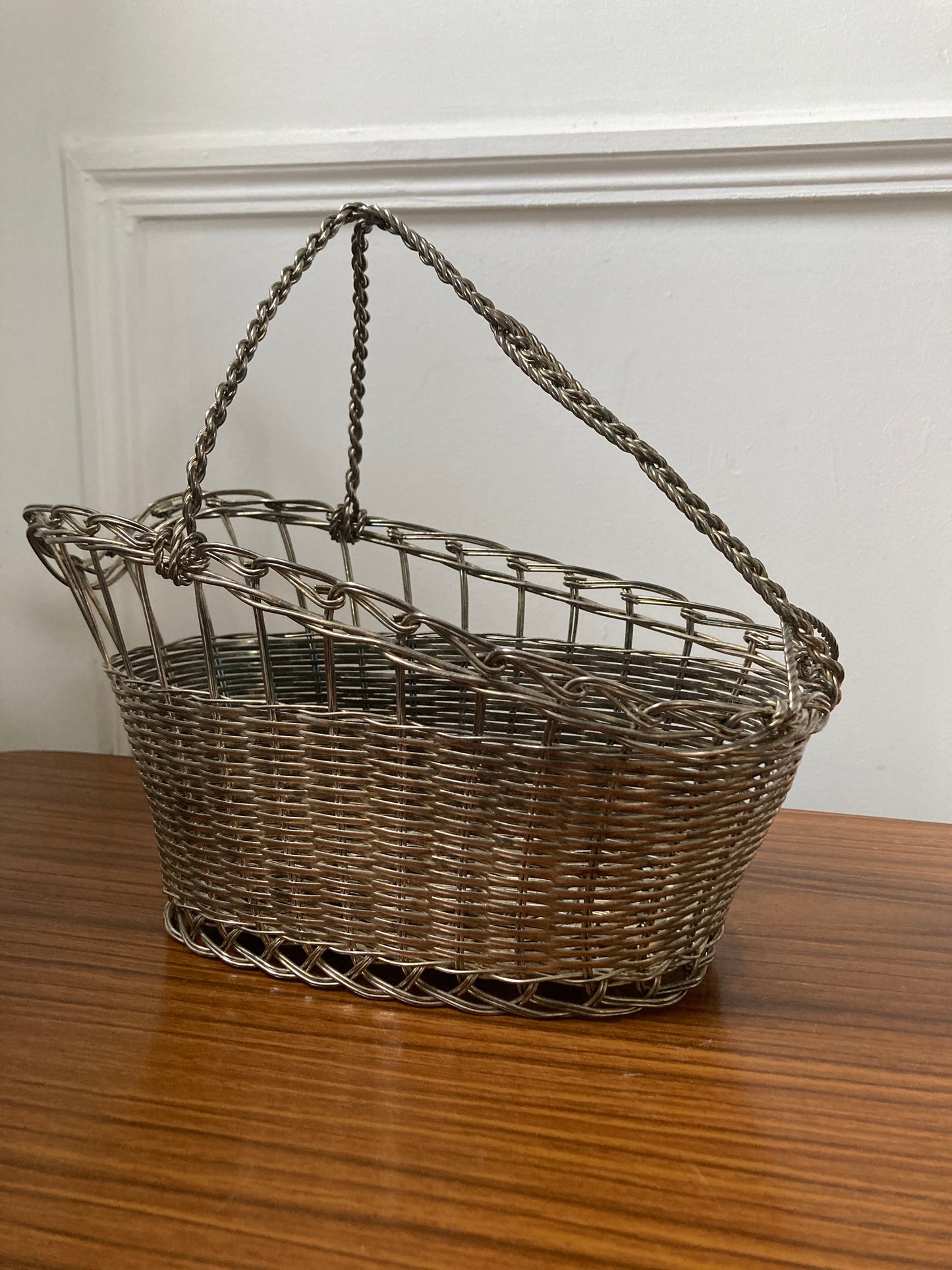 Silver Metal Wine Bottle Basket, Vintage French Wine Bottle Holder