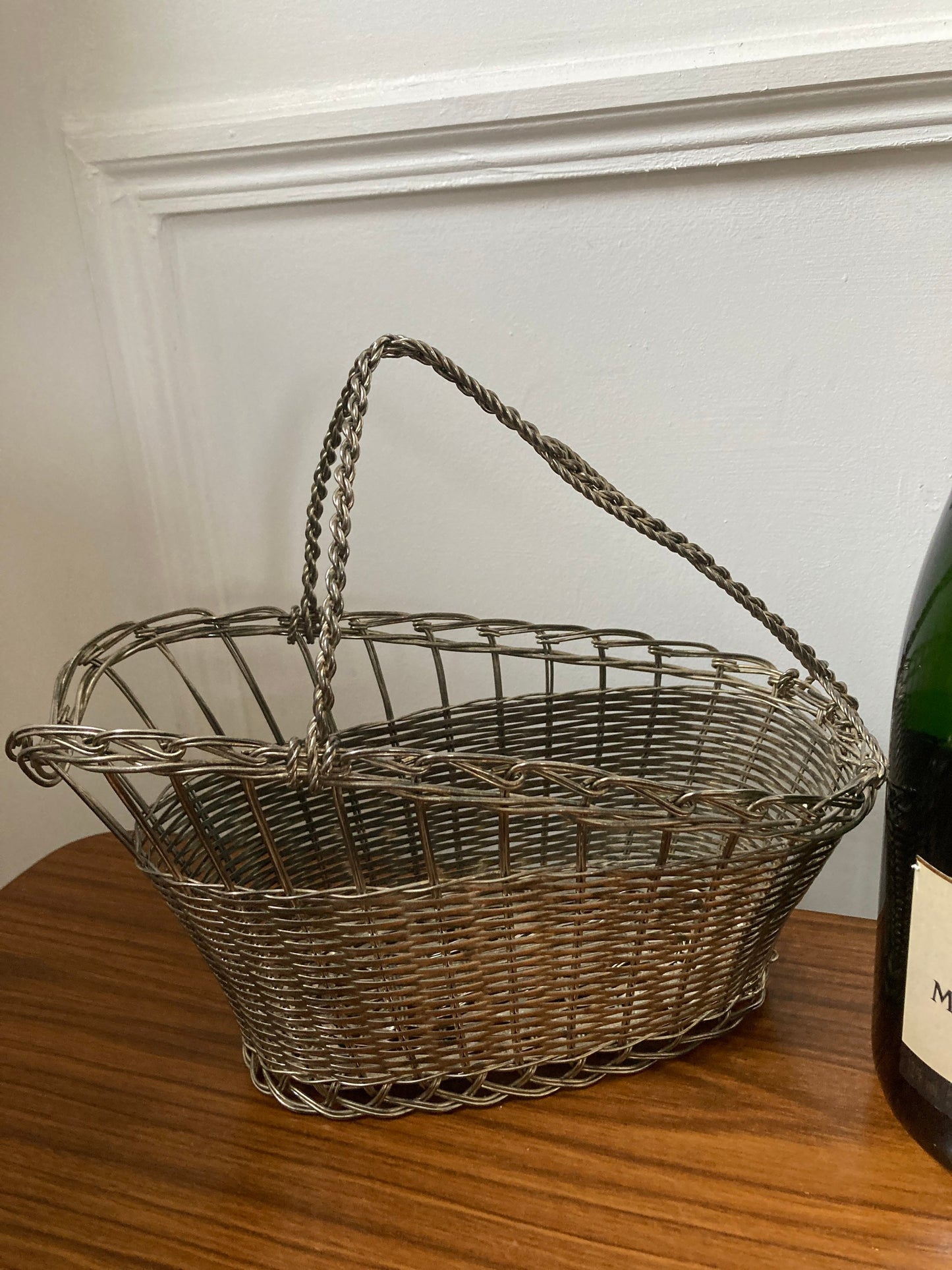 Silver Metal Wine Bottle Basket, Vintage French Wine Bottle Holder