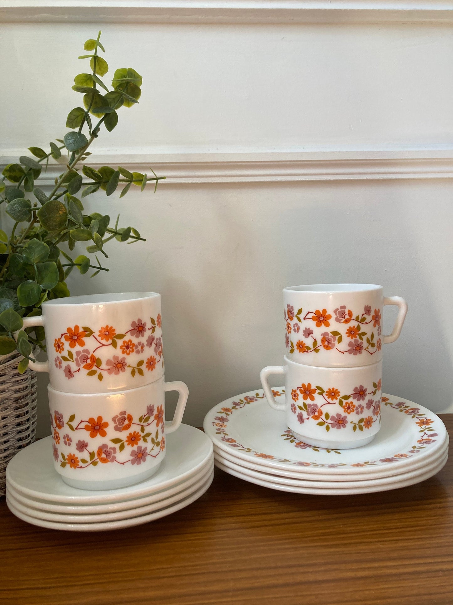 Vintage Arcopal Scania 12 piece tea set, Orange retro tea set, 70s tea set