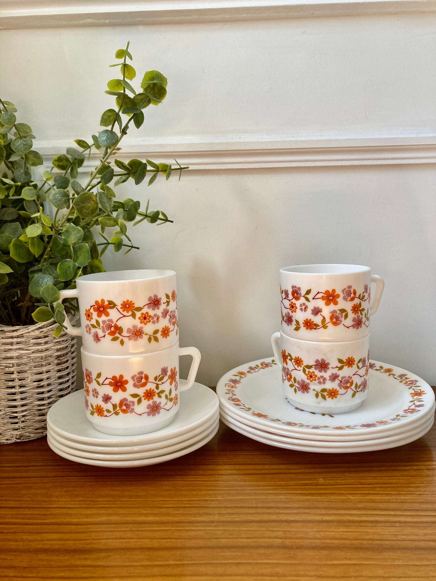 Vintage Arcopal Scania 12 piece tea set, Orange retro tea set, 70s tea set