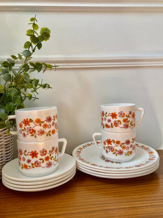 Vintage Arcopal Scania 12 piece tea set, Orange retro tea set, 70s tea set