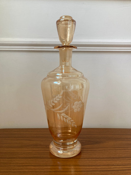 Vintage etched decanter, etched carafe, orange, pearlescent decanter, mid century decanter